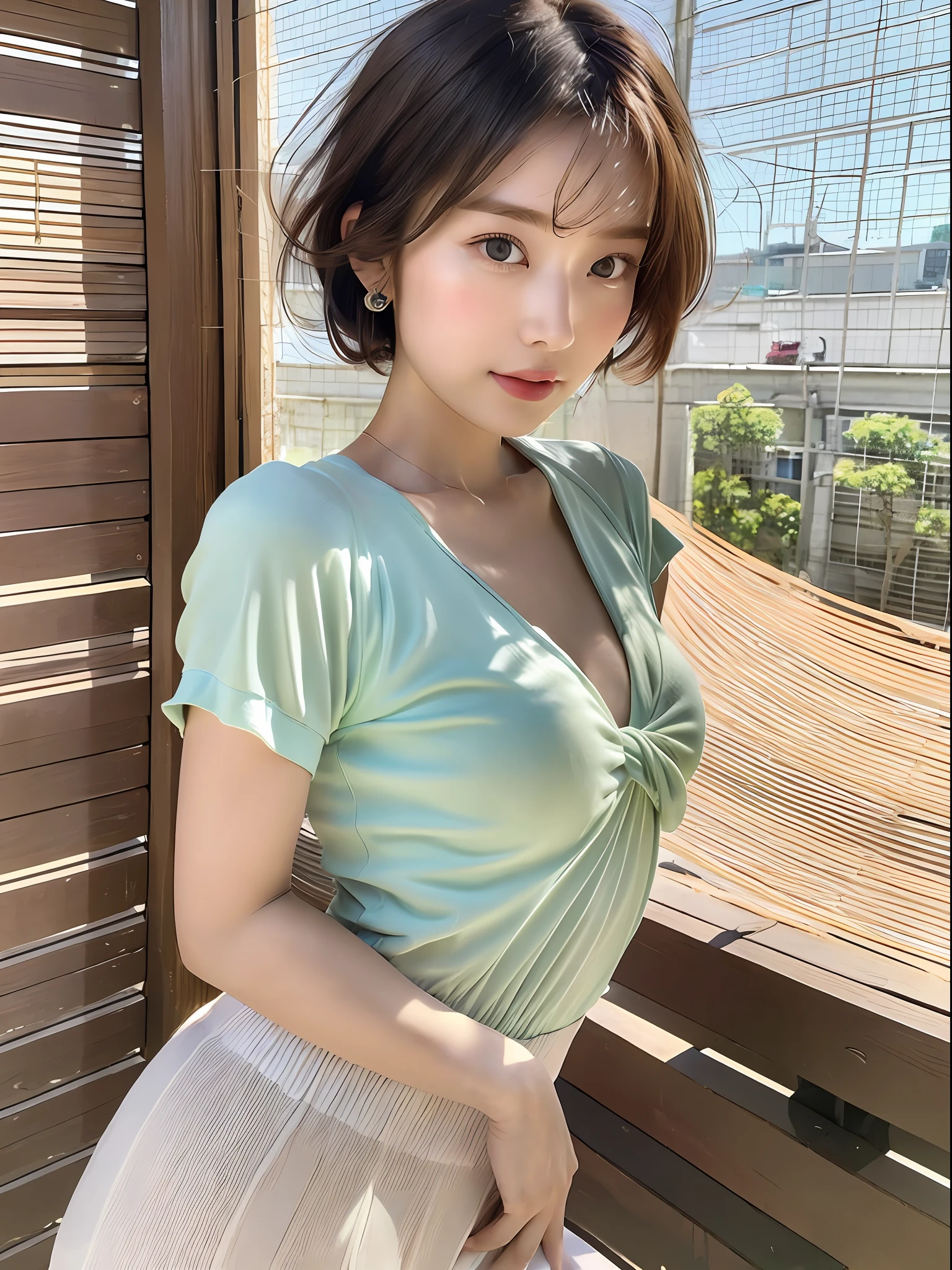 (8k, highest quality, masterpiece: 1.2), (hair_style), (realistic, photorealistic: 1.37), highest quality, masterpiece, in the summer sunshine, sky and sea view, shot on wooden deck, [small breasts], backlight, shooting from waist up, camera angle from bottom to top, pose with hair raked up with hands, shot in natural light from morning to noon, Hairstyles and fashion styles that match the Japan trends of 2023, realistic, super detailed, 30s, actress, half Japanese and Russian half model, elaborate CG, slender, adorable, hairstyle matches the fashion of Japan in 2023 short bob cut fluttering in the wind, delicate skin type, fine details and softness, model hair color is bright and soft, Choose a short-length T-shirt that matches the summer trends of 2023 and pair it with pale pastel colors for surf fashion.