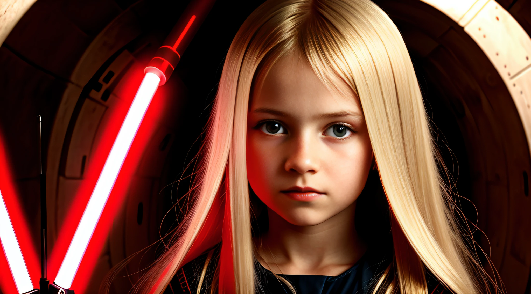 RUSSIAN CHILD GIRL WITH WITH LONG STRAIGHT BLONDE HAIR, PORTRAIT STYLE, CLOSEUP standing in a tunnel with a red lightsaber, 4K lightsaber wallpaper, digital art