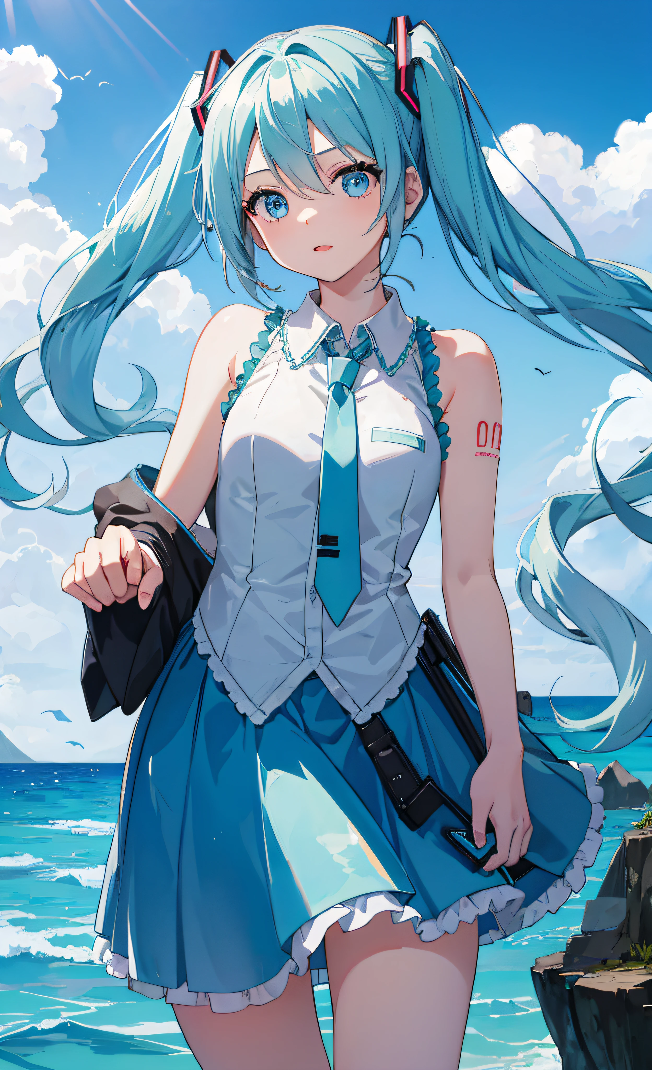 (Girl: 1.5),Lace,Hatsune Miku,Twin Tails,Light Blue Hair,Light Blue Eyes,Strong Highlights,Shiny Eyes,Blue Sky,Peace,No Background,Bird