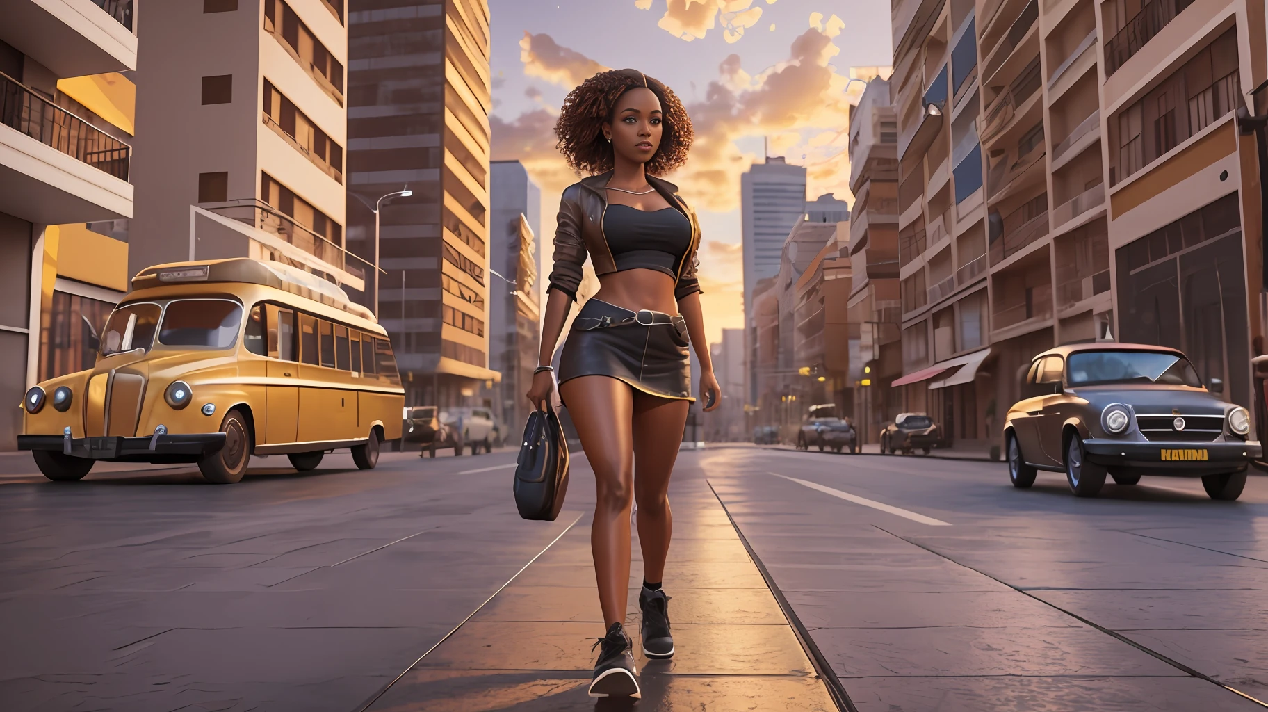 Uma mulher caminhando , ((full body shot)), cgi, dslr, realismo fantástico, city background, casual outfit, bronzepunk, black woman, 3d, cinematográfico, golden hour