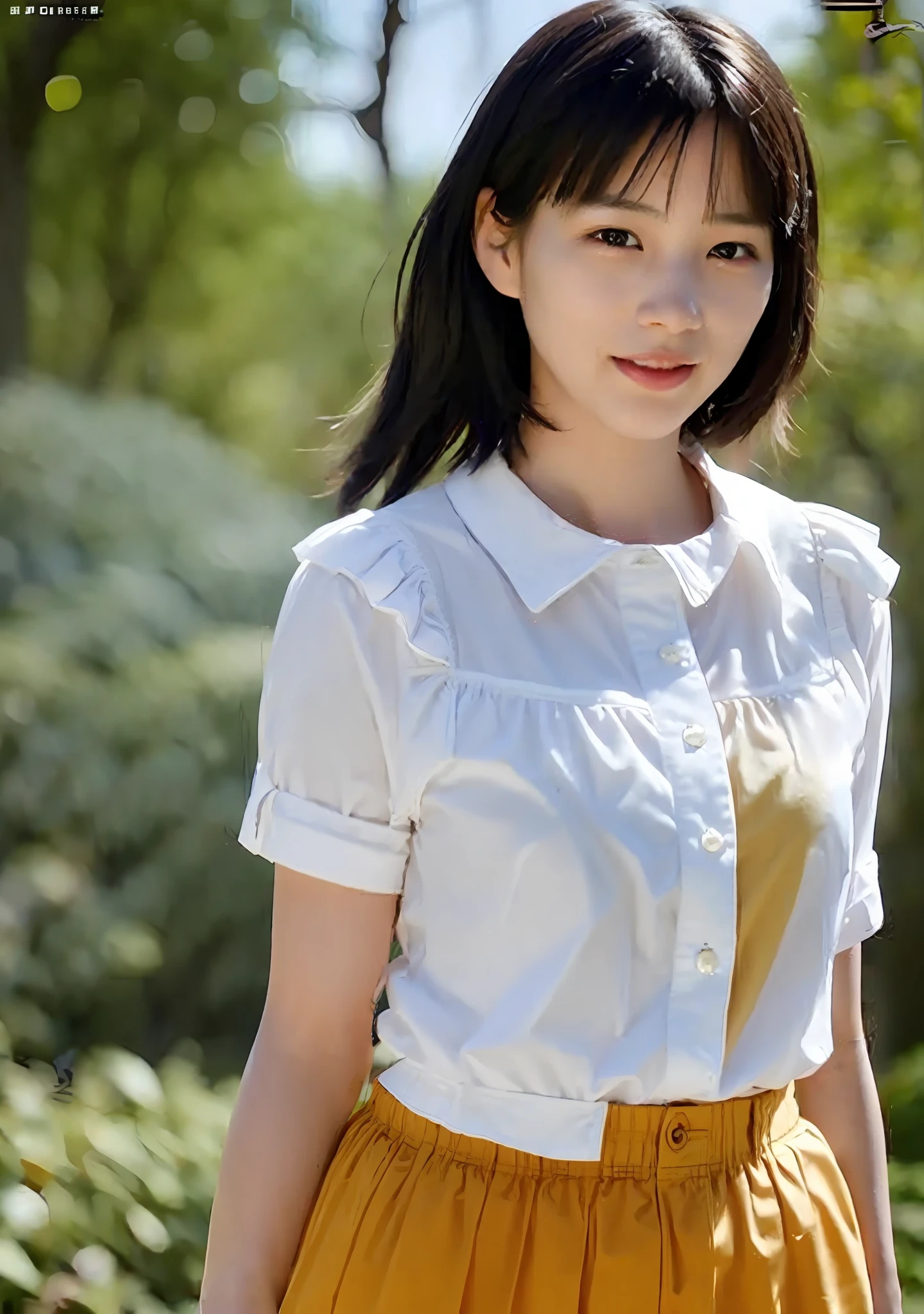 Masterpiece, top quality, official art, highly detailed CG Unity 8K wallpaper, like a schoolgirl, very delicate and beautiful, ultra high resolution, (photorealistic: 1.4), golden hour lighting, (upper body), (platinum shorthair: 0.8), (puffy eyes), looking at the viewer, facing the front, smiling, JK skirt, white dress, Shirt Lift Long Black Hair