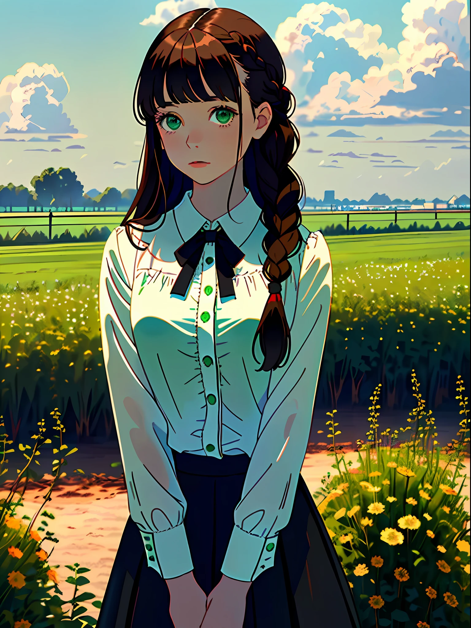 (best quality, masterpiece), portrait, 1 girl, alone, (brown hair, long, with bangs and gathered in a braid), (green eyes), (white blouse, black long skirt) (light sky background)
