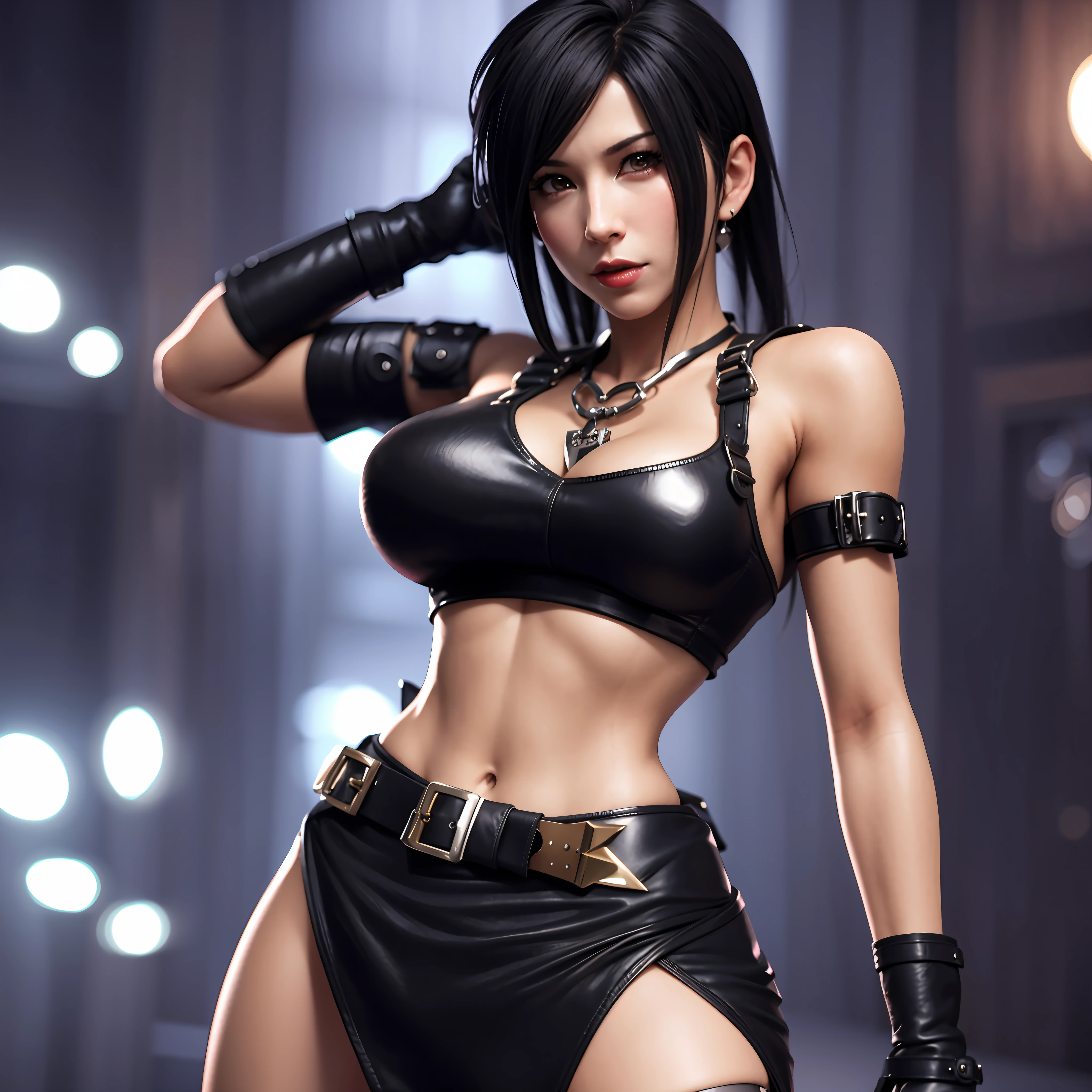 A closeup of a woman in a leather outfit posing, seductive portrait of Tifa Lockhart, Tifa Lockhart, Tifa, Portrait of Tifa Lockhart, portrait of Tifa Lockhart, glamorous Tifa Lockheart, Tifa Lockhart with white hair, as a character in Tekken, 3D render 8K character art, King of Fighters character,