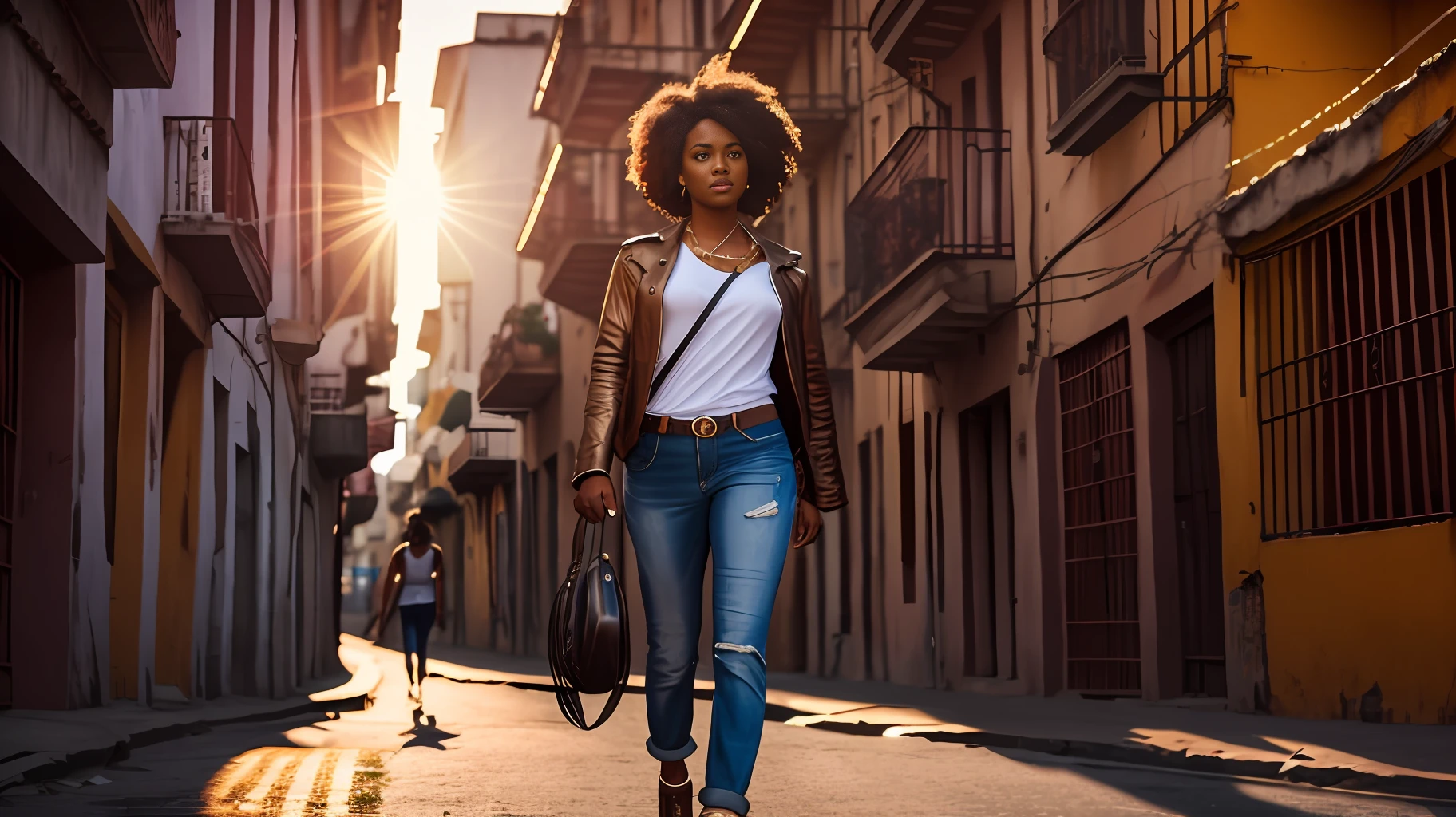 Uma mulher caminhando , full body shot, cgi, dslr, fantastic realism, city background, casual outfit, bronzepunk, black woman, 3d, cinematic, golden hour