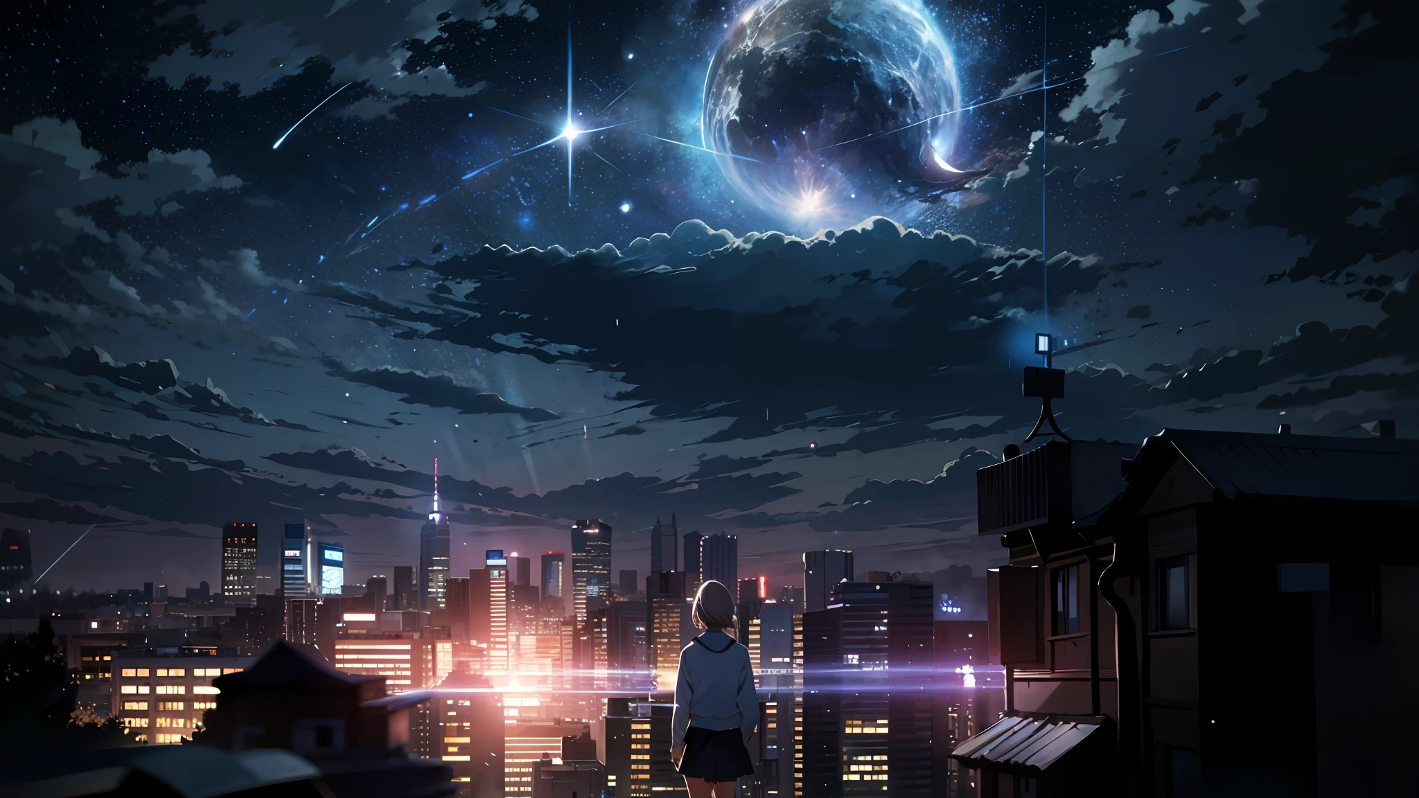 Outrageous resolution, high resolution, (masterpiece: 1.4), super detail, schoolgirl, space, floating, night, comet, glass shards, rain, light blue taste, night view, city, --v 6