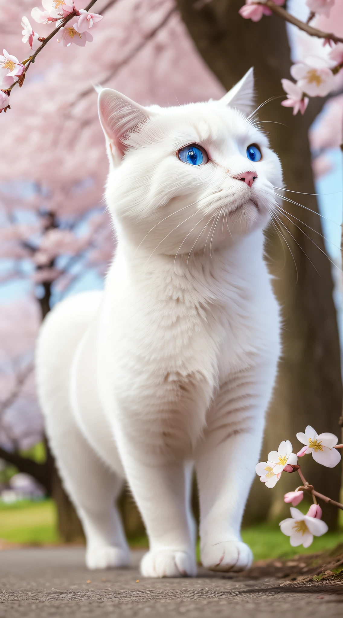 A pure white Scottish Fold is playing under a cherry blossom tree, chasing the petals. The bright blue of its eyes contrasts beautifully with the pink of the cherry blossoms