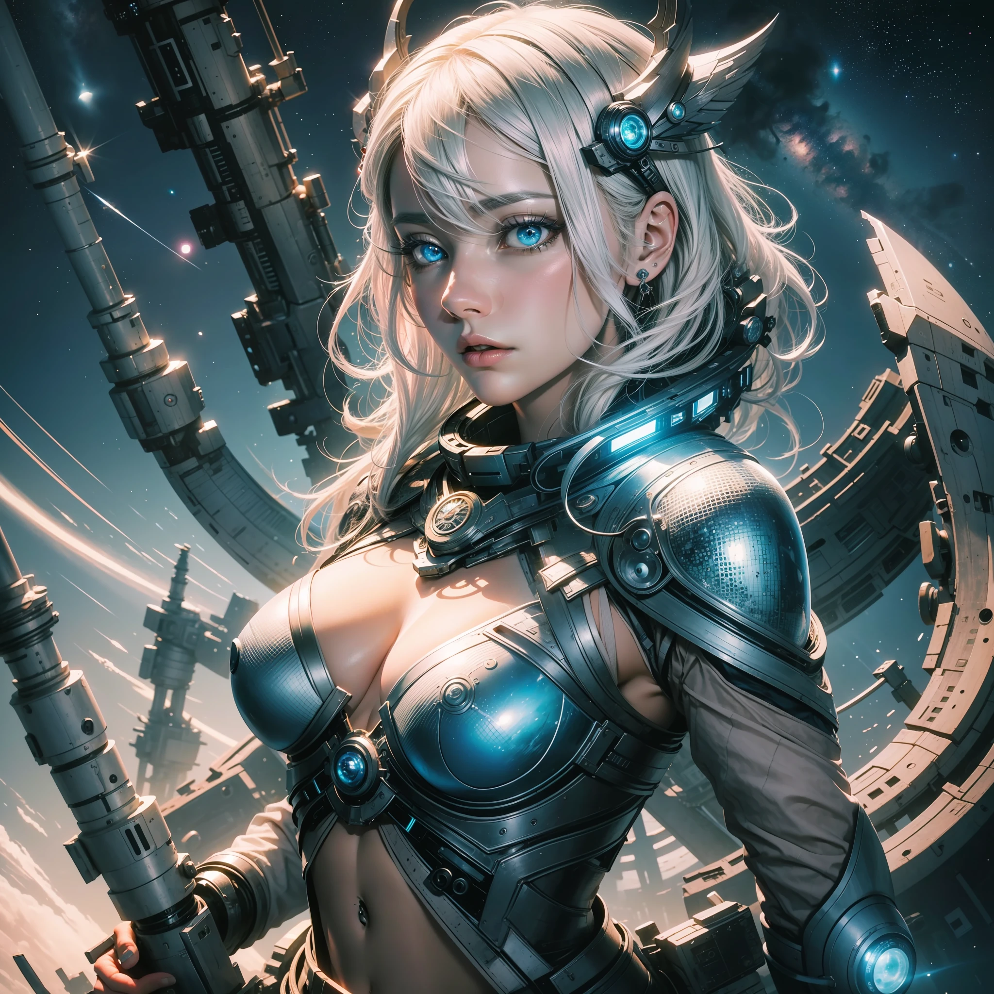 Highly detailed 4k wallpaper, masterpiece, top quality, super detail, best shadow), (detailed background) Powerful 25-year-old female character, white hair, blue eyes style a space goddess with a detailed mythical beauty