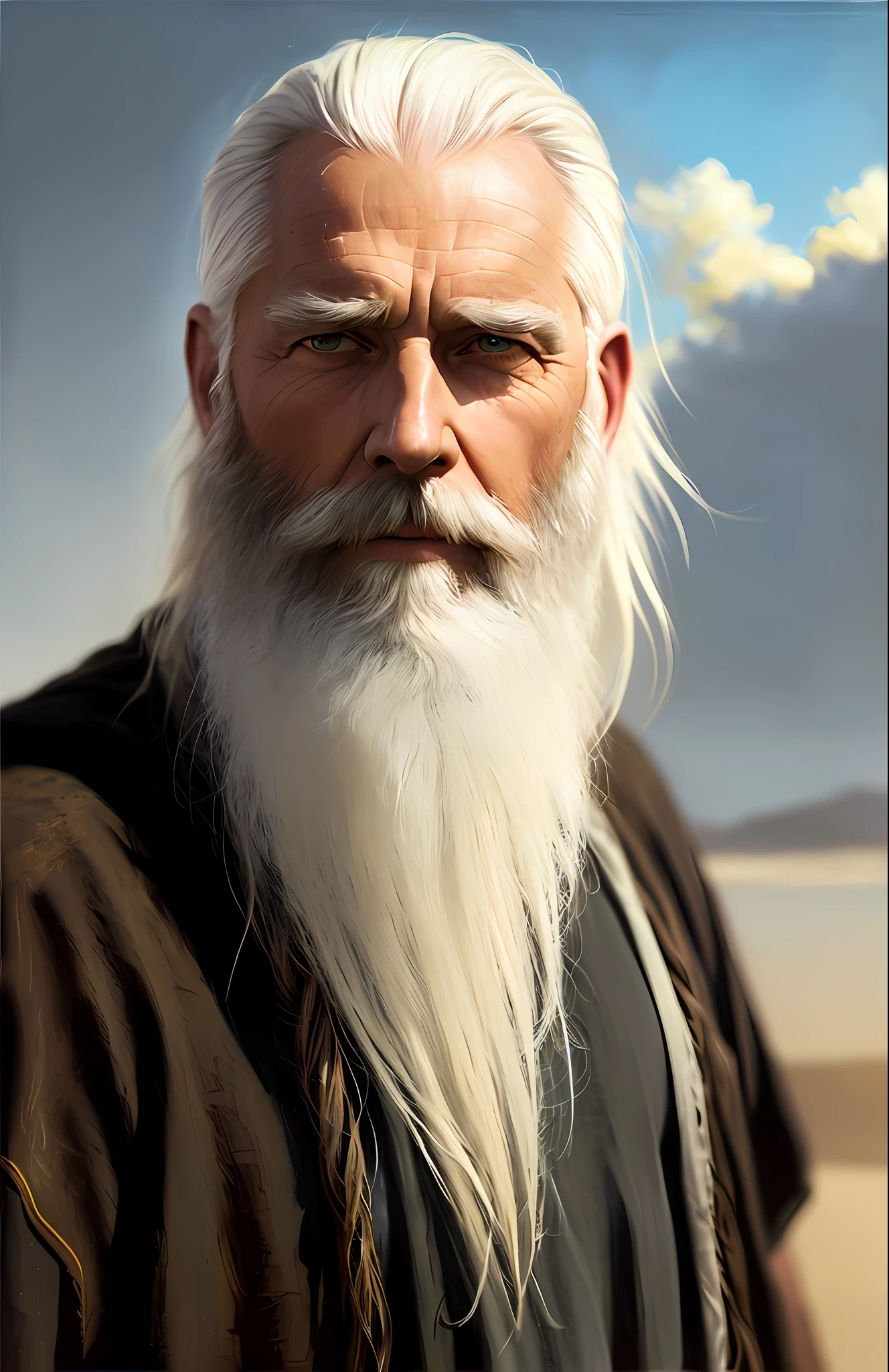 portrait of the face of a stout (old biblical shepherd white beard, long white hair: 1.3), (focus on face: 1.5), (storm: 1.2), (desert: 1.3), sand, (background clouds: 1.3), (cowboy photo: 1.4), (brown mesh tunic: 1.3), looking at the observer, realistic, masterpiece, high quality, backlighting, (lens reflection:1.1), (flowering:1.1), (chromatic aberration:1.1), by Jeremy Lipking,  by Antonio J. Manzanedo, digital painting