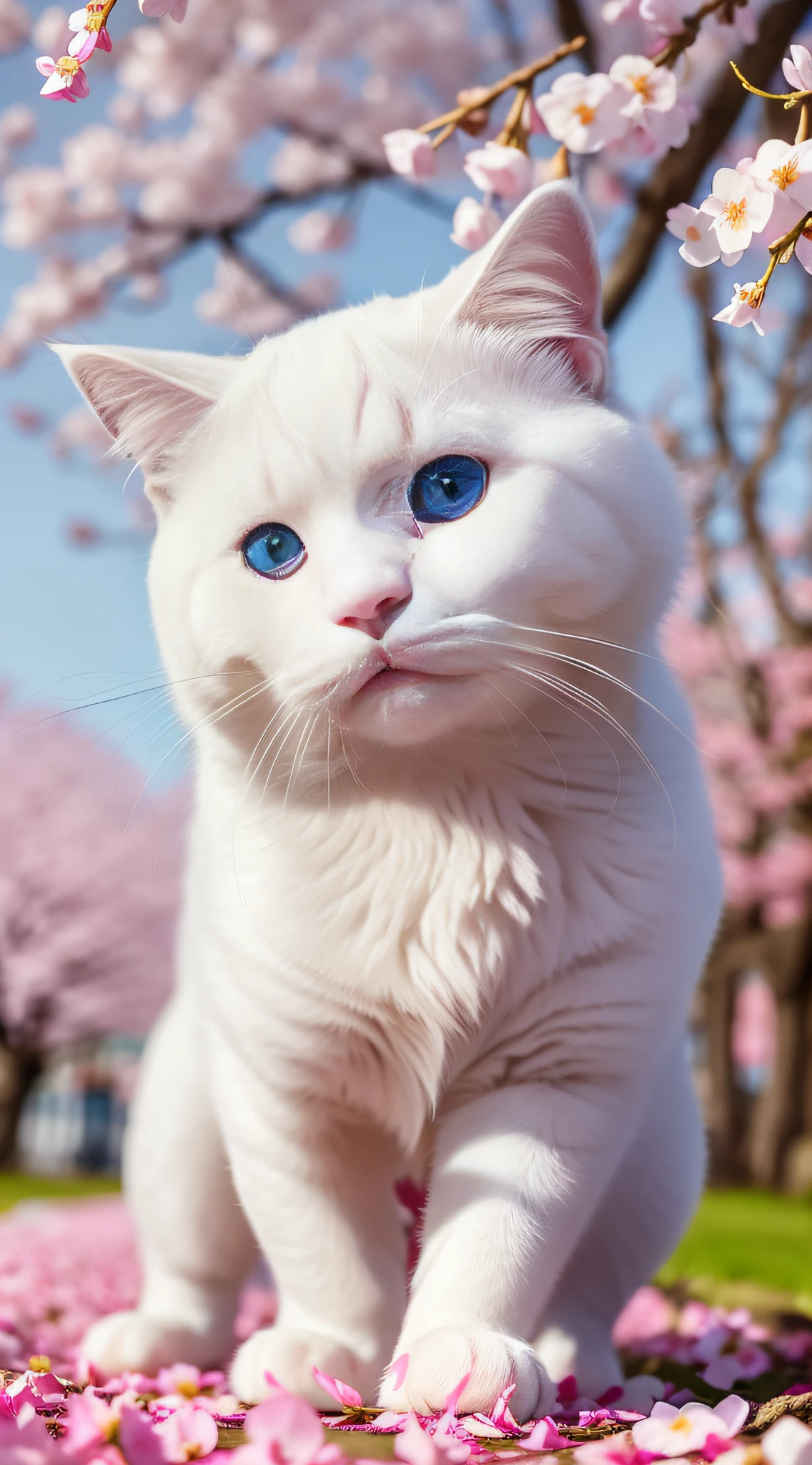 A pure white Scottish Fold is playing under a cherry blossom tree, chasing the petals. The bright blue of its eyes contrasts beautifully with the pink of the cherry blossoms