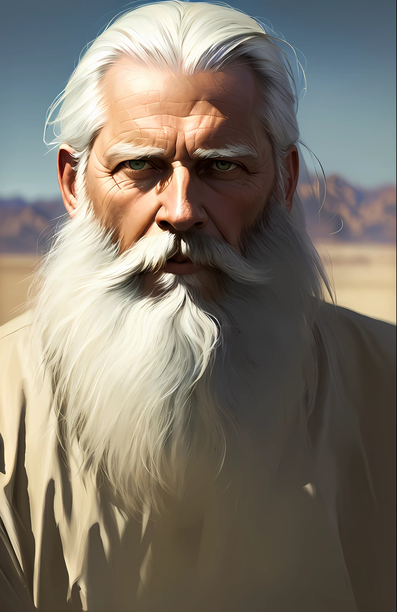 portrait of the face of a stout (old biblical shepherd white beard, long white hair: 1.3), (focus on face: 1.5), (storm: 1.2), (desert: 1.3), sand, (background clouds: 1.3), (cowboy photo: 1.4), (brown mesh tunic: 1.3), looking at the observer, realistic, masterpiece, high quality, backlighting, (lens reflection:1.1), (flowering:1.1), (chromatic aberration:1.1), by Jeremy Lipking, by Antonio J. Manzanedo, digital painting
