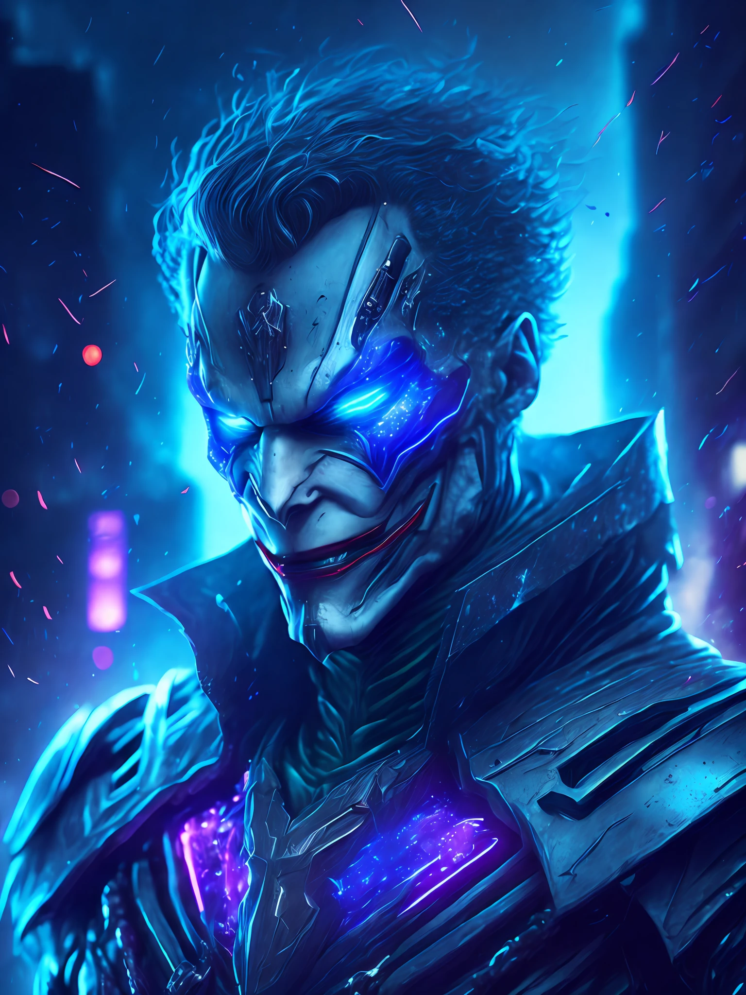 gloomy portrait of Ultron Joker, extremely detailed, futuristic cityscape, nighttime, glowing neon lights, smoke, sparks, metal shavings, flying debris, blue energy effects, volumetric light