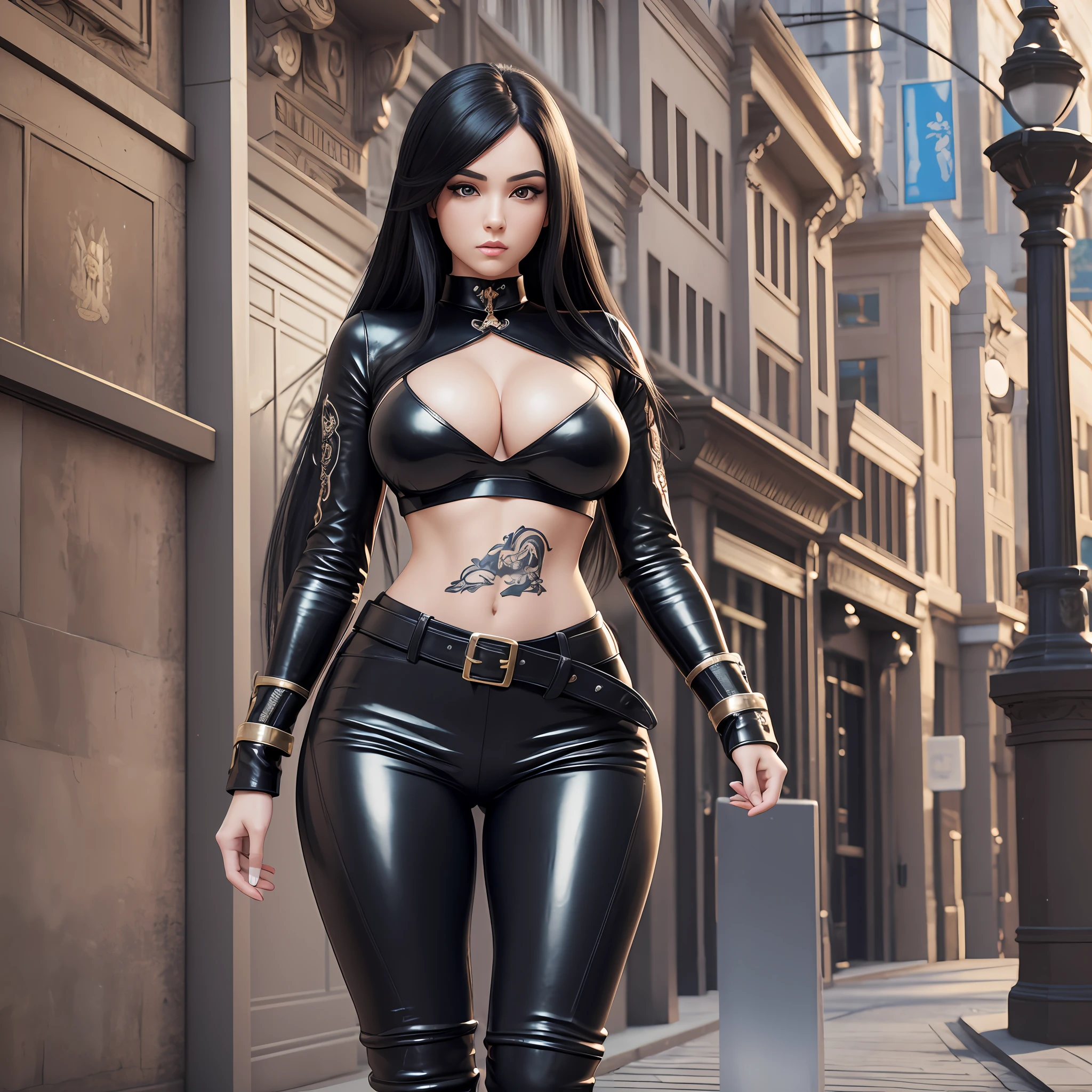 a full body cartoon girl with a very beautiful realistic face and realistic black hair, Ultra detailed complex 3d rendering of a beautiful porcelain profile face, in tight leather pants, masterpiece, with perfect soft curves, ultra quality render, with black belts and bags like RPG concept, ultra detailed ornaments in clothes, with tattoo in neck and boobs, with variations. --auto --s2