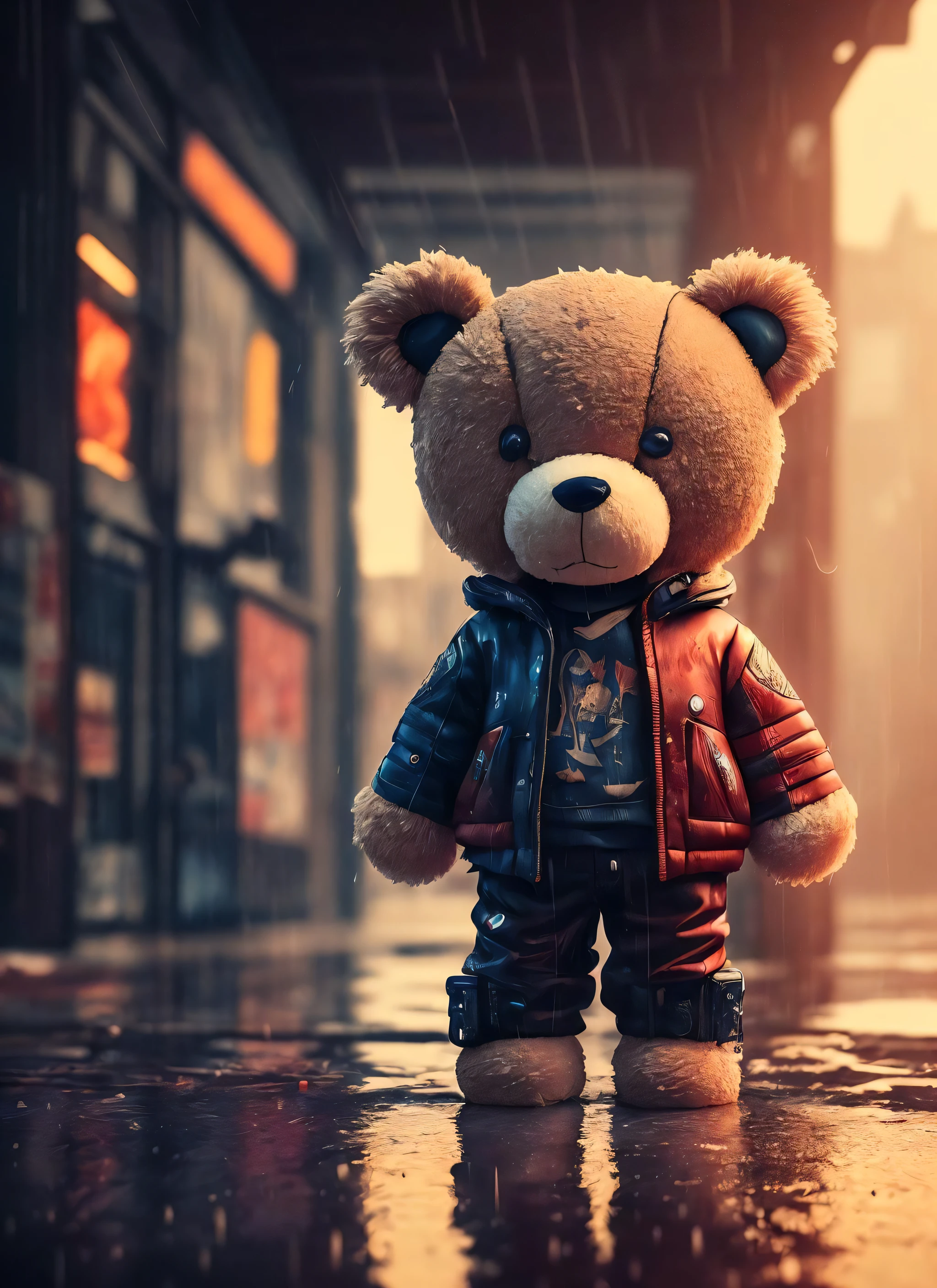 plush teddy, wet, (cyberpunk:1.1), rain, epic realistic, rutkowski, hdr, intricate details, hyperdetailed, cinematic, rim light, muted colors