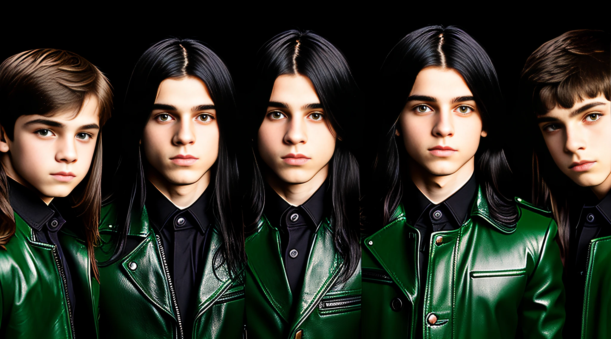 4 BOYS Russian children 20 years old, WITH LONG DARK STRAIGHT HAIR, WITH GREEN LEATHER OVERCOAT, PORTRAIT STYLE, WITH BLACK BACKGROUND. GREEN BACKLIGHTS.