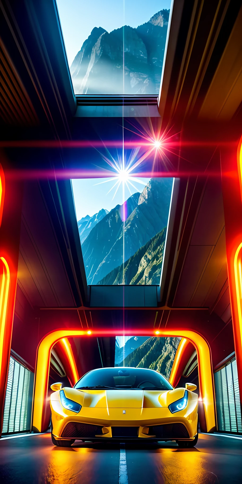 perfect masterpiece photo, very dynamic close shot of CAR:[Ferrari 488 GTB]:1.5  [A car driving through a tunnel of mirrors, the reflections stretching off into infinity.] in place of A mountain pass with sharp hairpin turns and breathtaking scenery in the moment of Morning: The world begins to come to life as the sun rises higher in the sky. People start their day with a cup of coffee or tea, and the sounds of traffic and activity fill the air. The world is buzzing with energy and purpose. cinematic lighting of A bright, harsh spotlight shining on a stage in a theater., 8K, HQ, Highly detailed, ultra realistic, hyper-realistic with dominance of Saffron: A warm, golden yellow color that is vibrant and full of energy. photo is made with Sigma 35mm f/1.4 DG HSM Art - fast aperture prime lens for low light and shallow depth of field by greg rutkowski,  strange, intricate, showing details, sharpen image