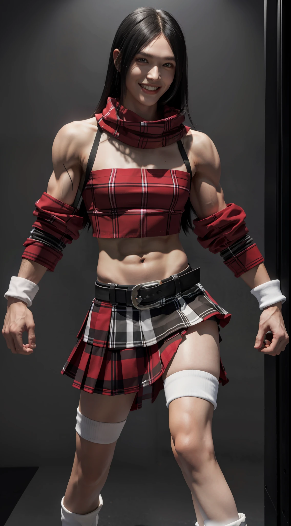 ((Slender macho man, shirtless, red checked mini skirt)), smiling expression, white skin, full body, walking, knee-high socks, boots, cute face, detailed hands, detailed legs, detailed fingers, detailed hair, detailed eyes, detailed skin, dynamic lighting, 8K UHD, (ultra-realistic), (photo realistic), (masterpiece), (best quality), , bob black hair