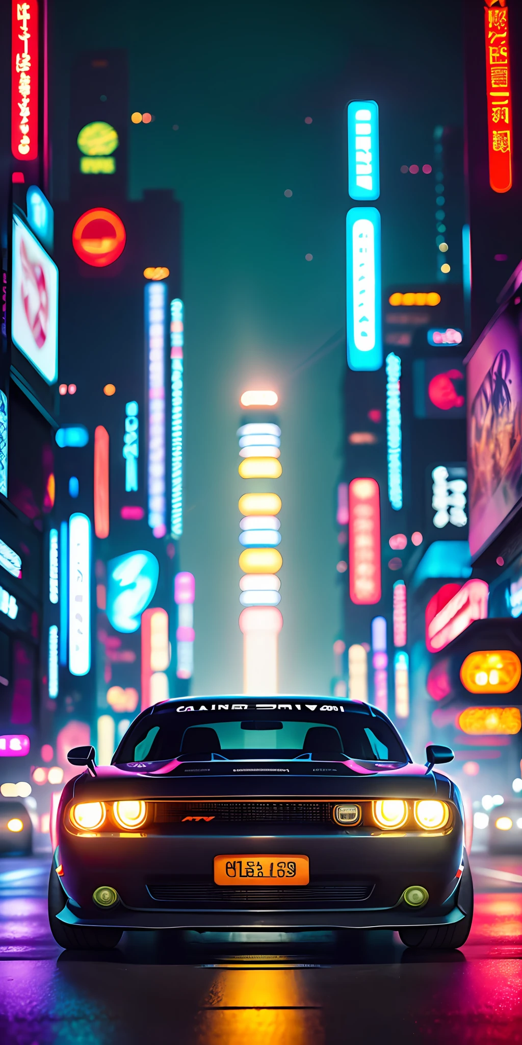 poster, High detail RAW color art, animation, airbrushing dodge challenger street racing, nitro acceleration, night neon Tokyo, sexy girls, (((ultradetaled))), ((cyberPunk)), light trail from high-speed driving, ((magical atmosphere)), wide screen, wallpaper 4k, smoke from under the wheels, tokyo drift, streaks of light, raytracing, subsurface scattering, diffused soft lighting, shallow depth of field, by (Oliver Wetter), by Stanley Kubrick, photographed on a Canon EOS R5, 180mm lens, F/2.8, ((sharp focus bokeh))