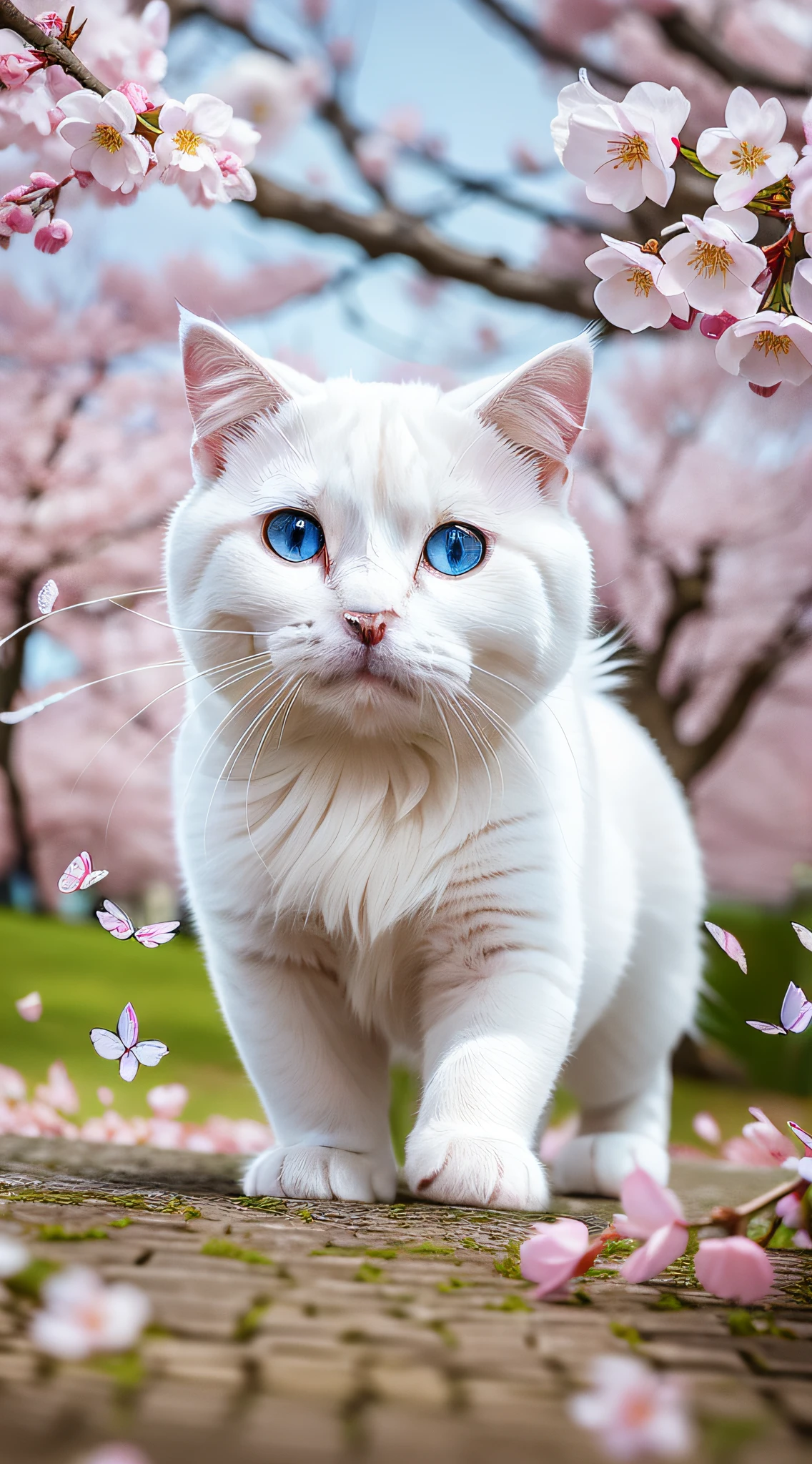 A pure white Scottish Fold is playing under a cherry blossom tree, chasing the petals. The bright blue of its eyes contrasts beautifully with the pink of the cherry blossoms