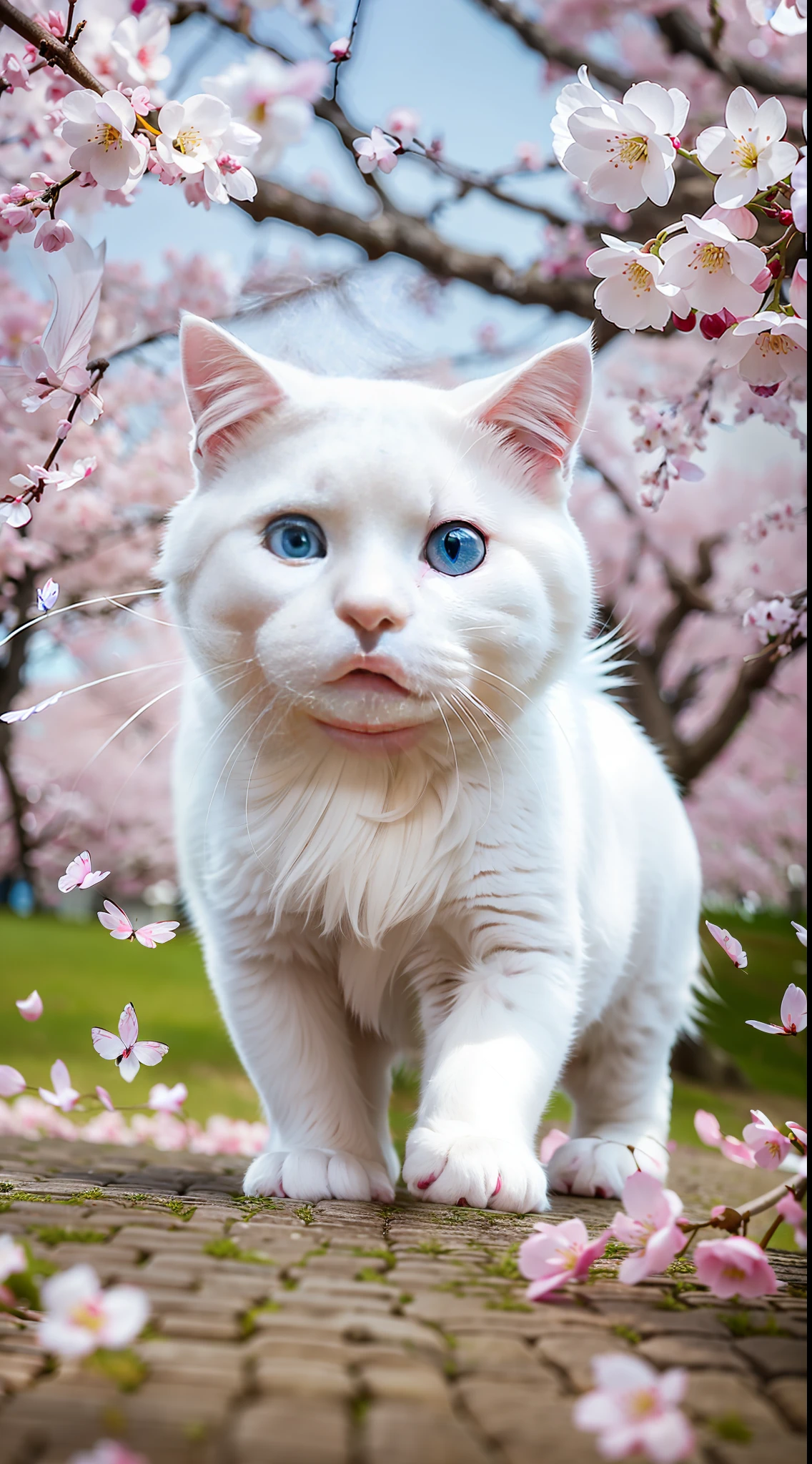 A pure white Scottish Fold is playing under a cherry blossom tree, chasing the petals. The bright blue of its eyes contrasts beautifully with the pink of the cherry blossoms