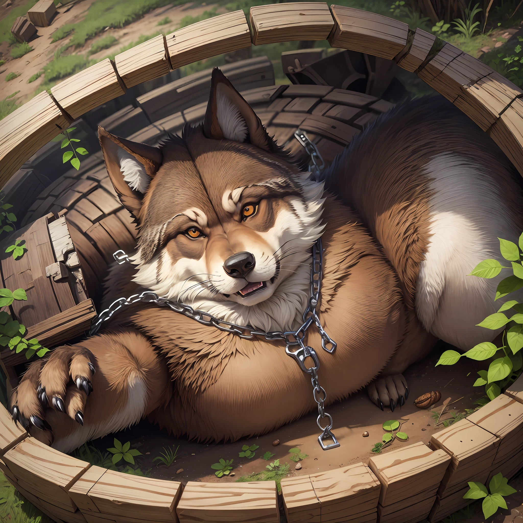 The dirt had big traps full of nuts, and the big wolf fell into it and struggled --auto --s2