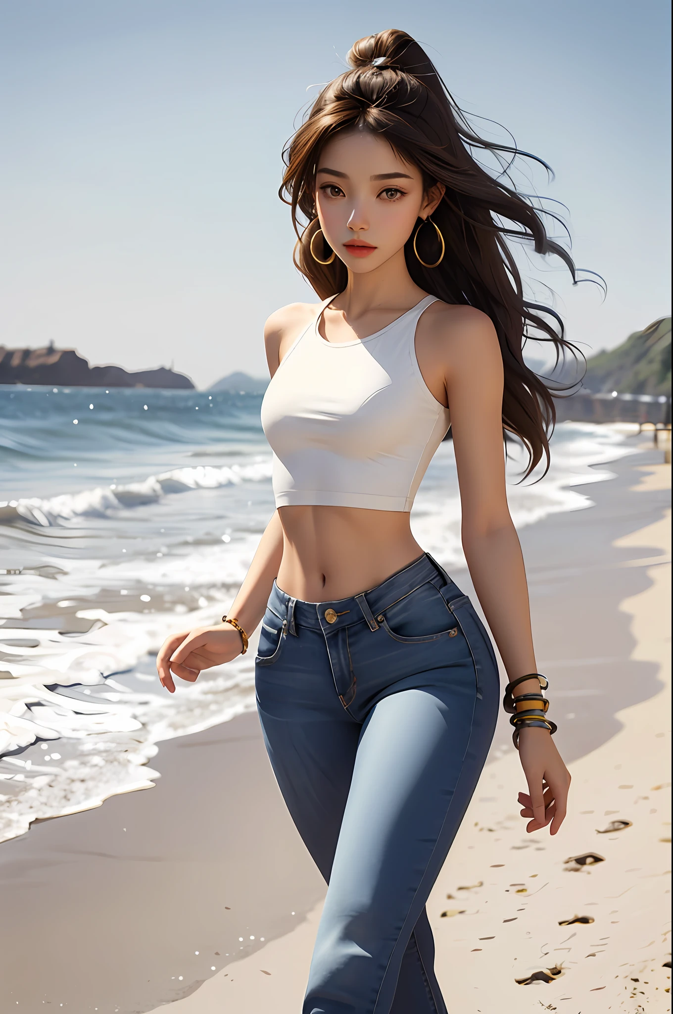 Girl, brunette, light, thin, medium breasts, medium butt, muscular belly, navel out, tight jeans, jeans modeling your body, red top, small eyes, thin eyebrows, round nose, small mouth, thin lips, brown eyes, detailed toast, turned legs, rastafari hair, hair fulfilled, earrings, walking on the beach, at night