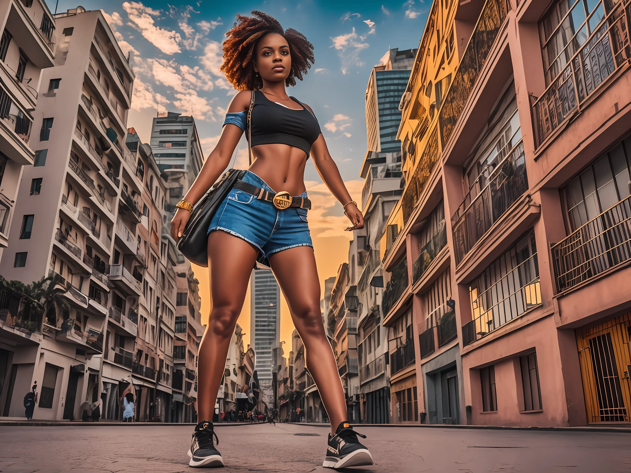 Uma mulher caminhando , full body shot, cgi, dslr, fantastic realism, city background, casual outfit, bronzepunk, black woman, 3d, cinematic, golden hour