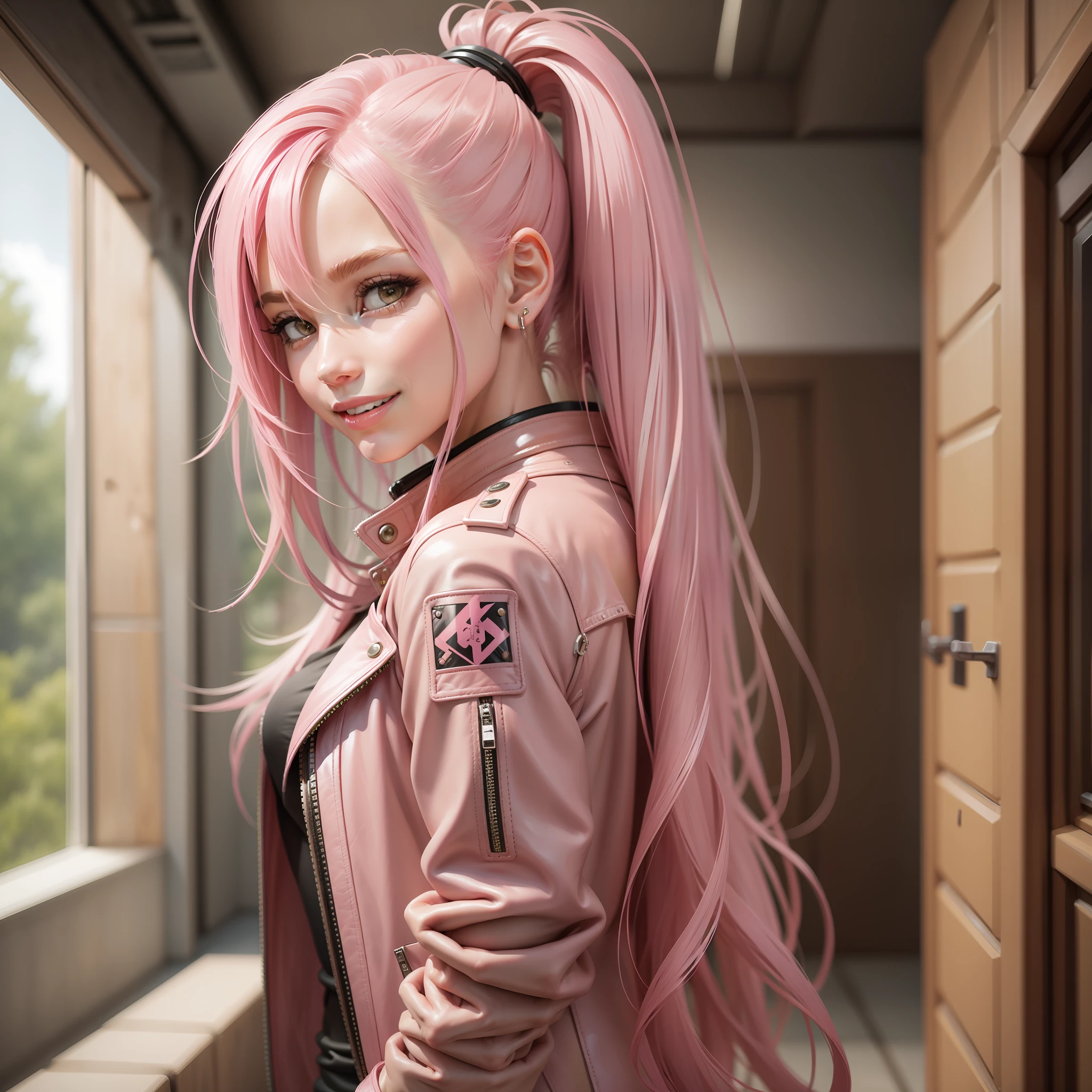 Naked Leather Jacket Girl Pink Hair Smile Best Quality Long Hair Masterpiece Beauty Ponytail