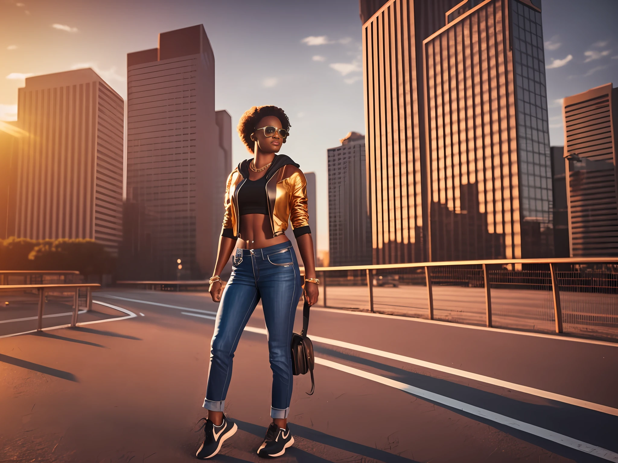 Uma mulher caminhando , full body shot, cgi, dslr, fantastic realism, city background, casual outfit, bronzepunk, black woman, 3d, cinematic, golden hour