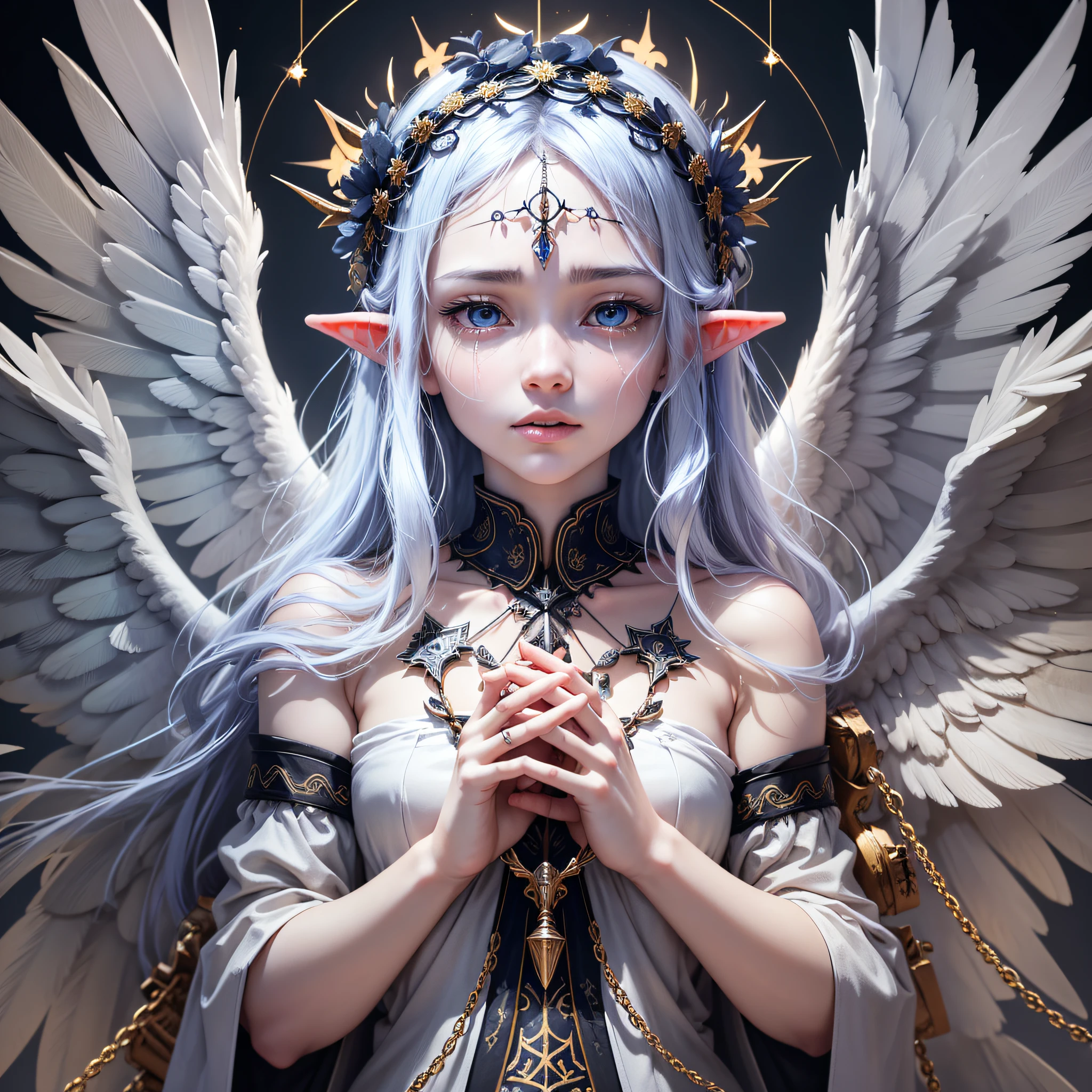Angel wings slightly retracted, Cheng protected state. The eyes are slightly open, and the eyes are full of tears (not flowing down, the appearance of the eyes) (the mood is panic, confused) The hand is half-holding the light group (the light group can draw elves, humans or not) Other details are casual, such as (headdress, necklace, etc.) Draw hands around, and the hands below can be white bones, burnt, injured (severely injured). The hands on it were generally white, clutching iron chains, and their nails were strangled by chains, dripping bright red blood. The hands below can be added with dead wood, and the hands above can be painted with black smoke if they can draw a sick white, faintly revealing the blue network. Around the angel, you can draw eyes and light clusters intertwined. --auto --s2