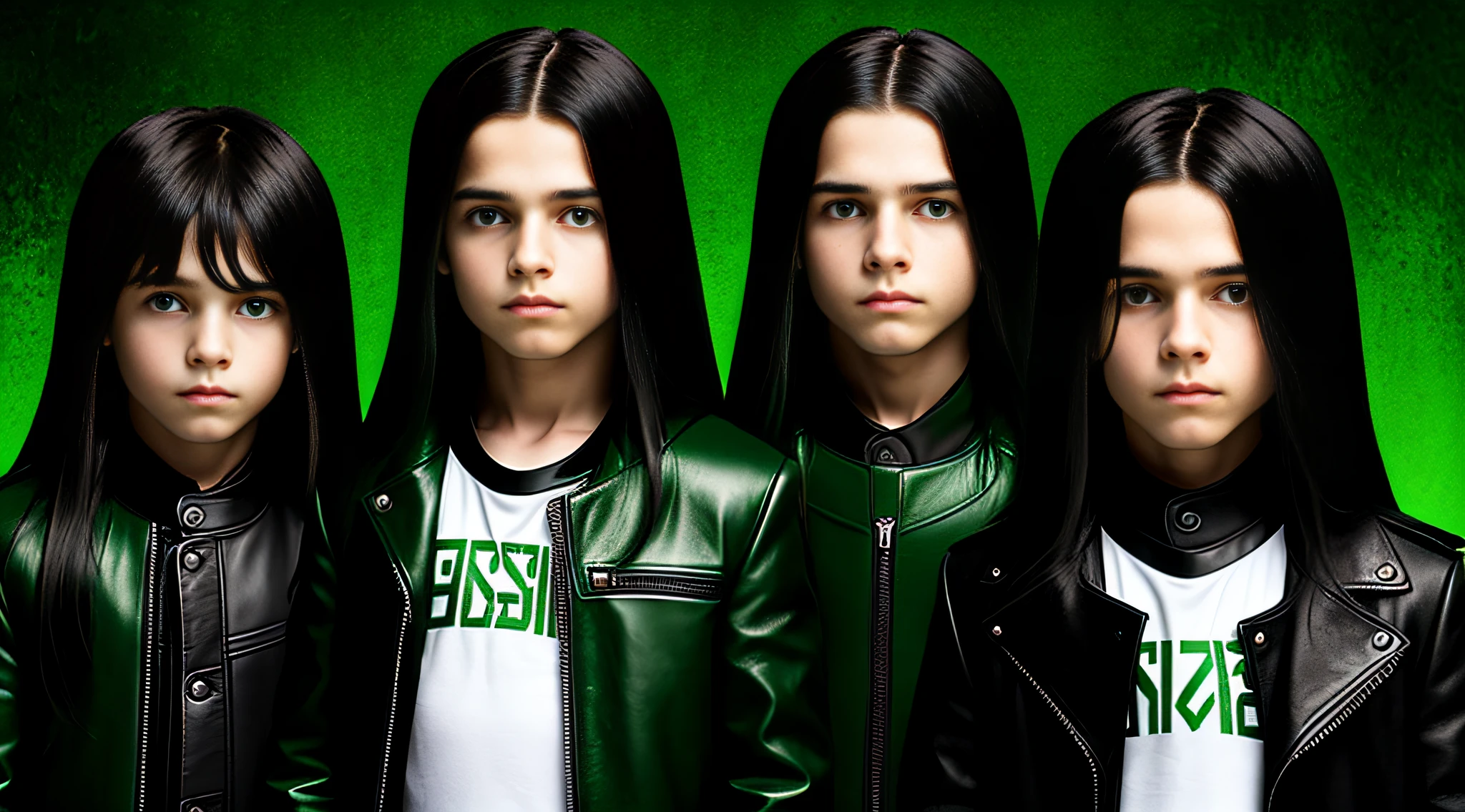 4 BOYS Russian children with 30 years of age, WITH LONG DARK STRAIGHT HAIR, WITH GREEN LEATHER OVERCOAT, PORTRAIT STYLE, WITH BLACK BACKGROUND. GREEN BACKLIGHTS.