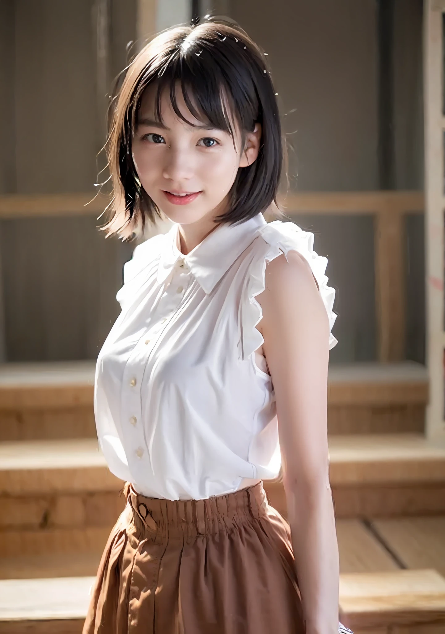 Masterpiece, top quality, official art, highly detailed CG Unity 8K wallpaper, like a schoolgirl, very delicate and beautiful, ultra high resolution, (photorealistic: 1.4), golden hour lighting, (upper body), (platinum shorthair: 0.8), (puffy eyes), looking at the viewer, facing the front, smiling, JK skirt, white dress, Shirt Lift Long Black Hair