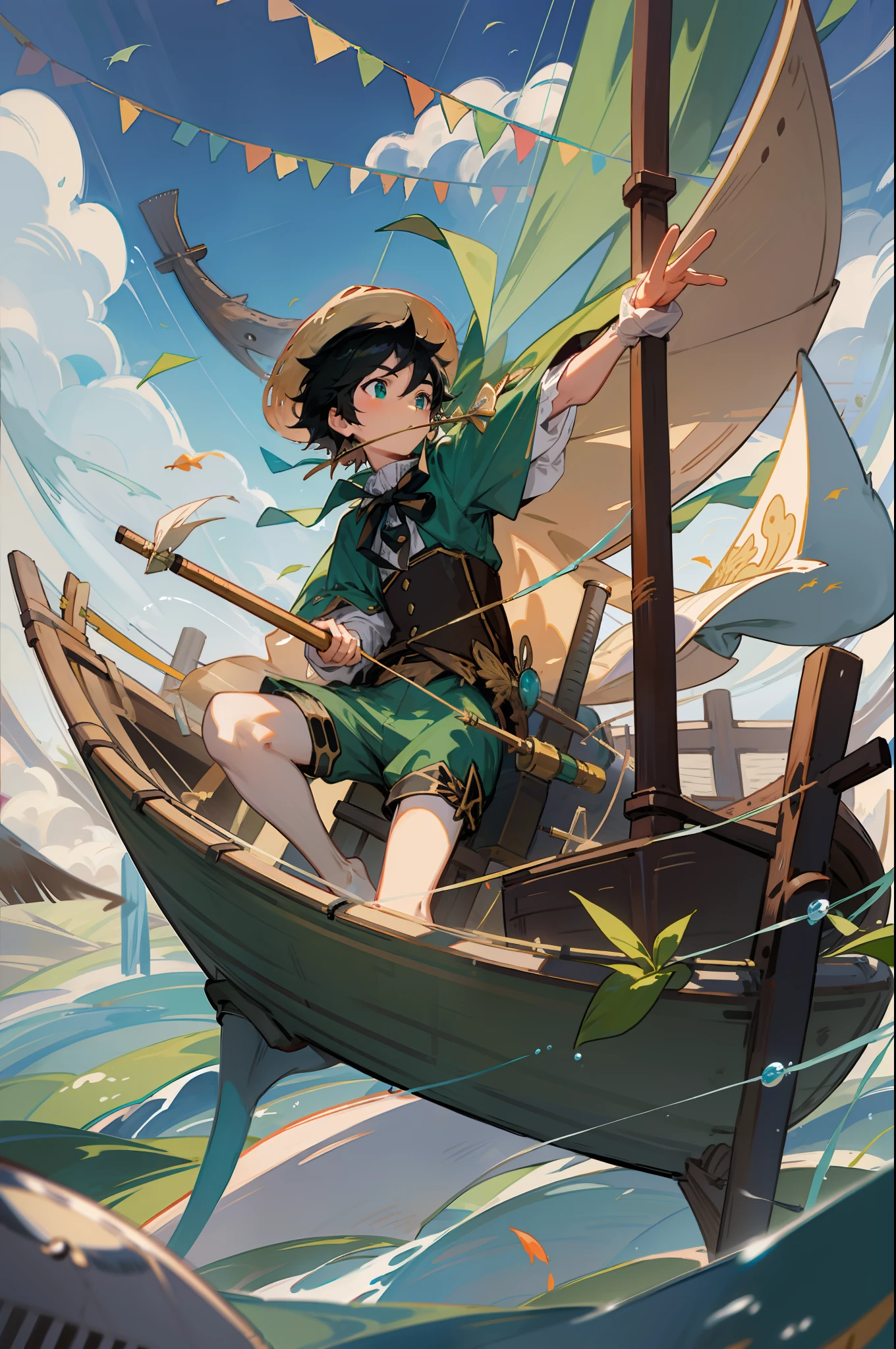 The black-haired male pupil, a little boy, short-sleeved shorts, wearing a long cape, a straw hat with two streamers and countless wind chimes, and a green flute sits on the back of a huge whale made of water, leading more fish behind him