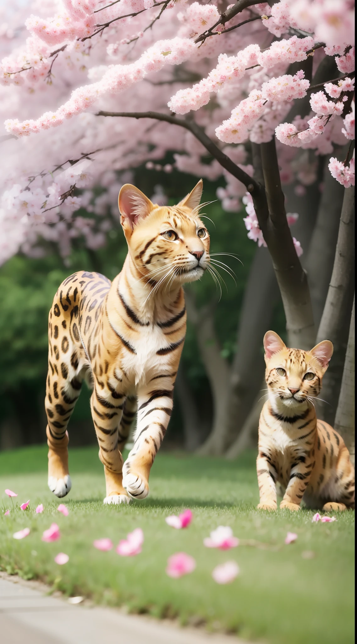 A bright golden Bengal cat is racing up a cherry blossom tree. Its leopard-like spots reflect the spring sun while harmonizing with the pink petals.