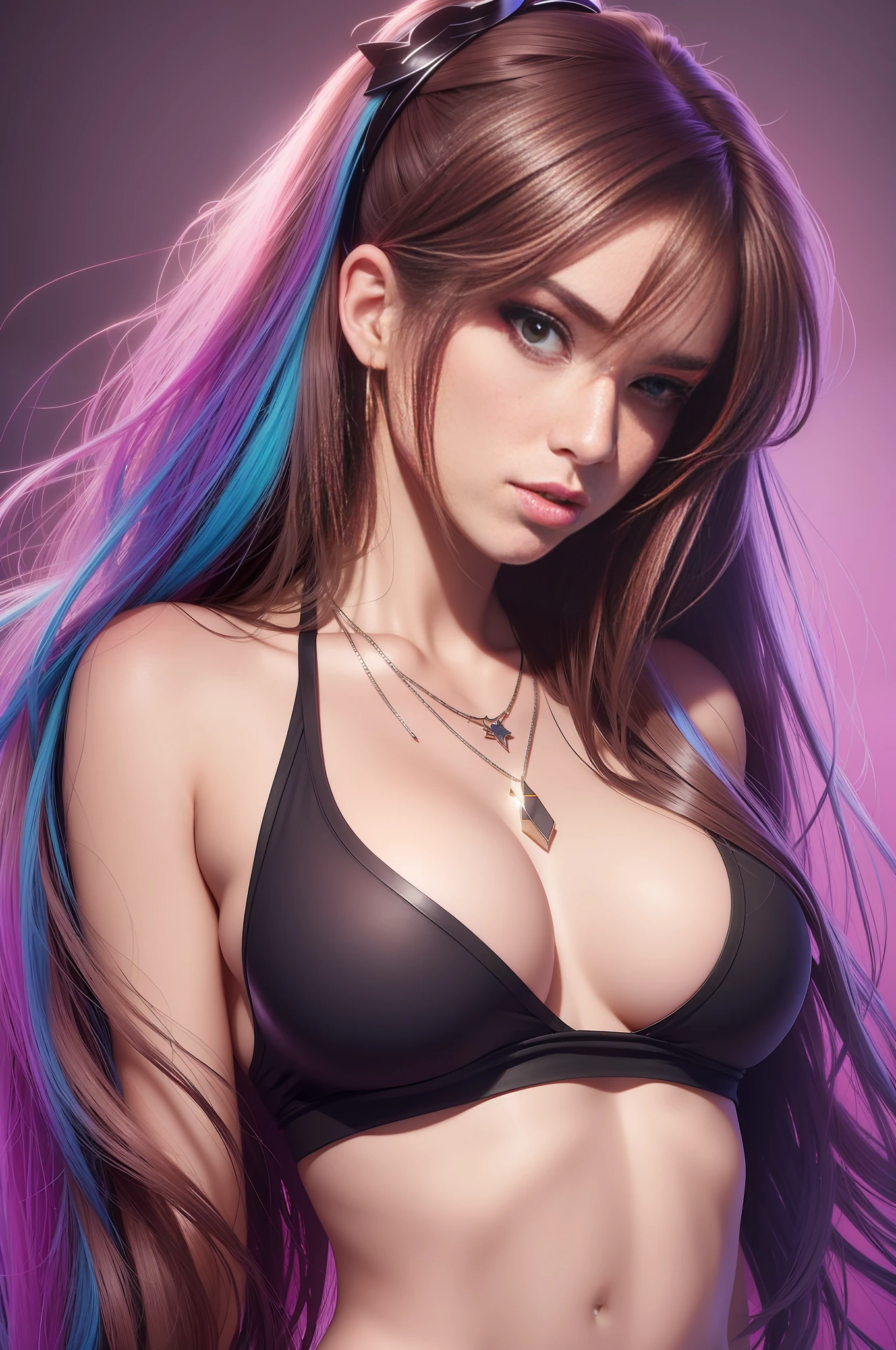 1 sexy woman,fashion model photography, ripped t-shirt, design sense, medium shot, cute irish model, long hair, hair accessories, light skin, necklace, simple background, high texture, colorful backlight, professional studio lighting