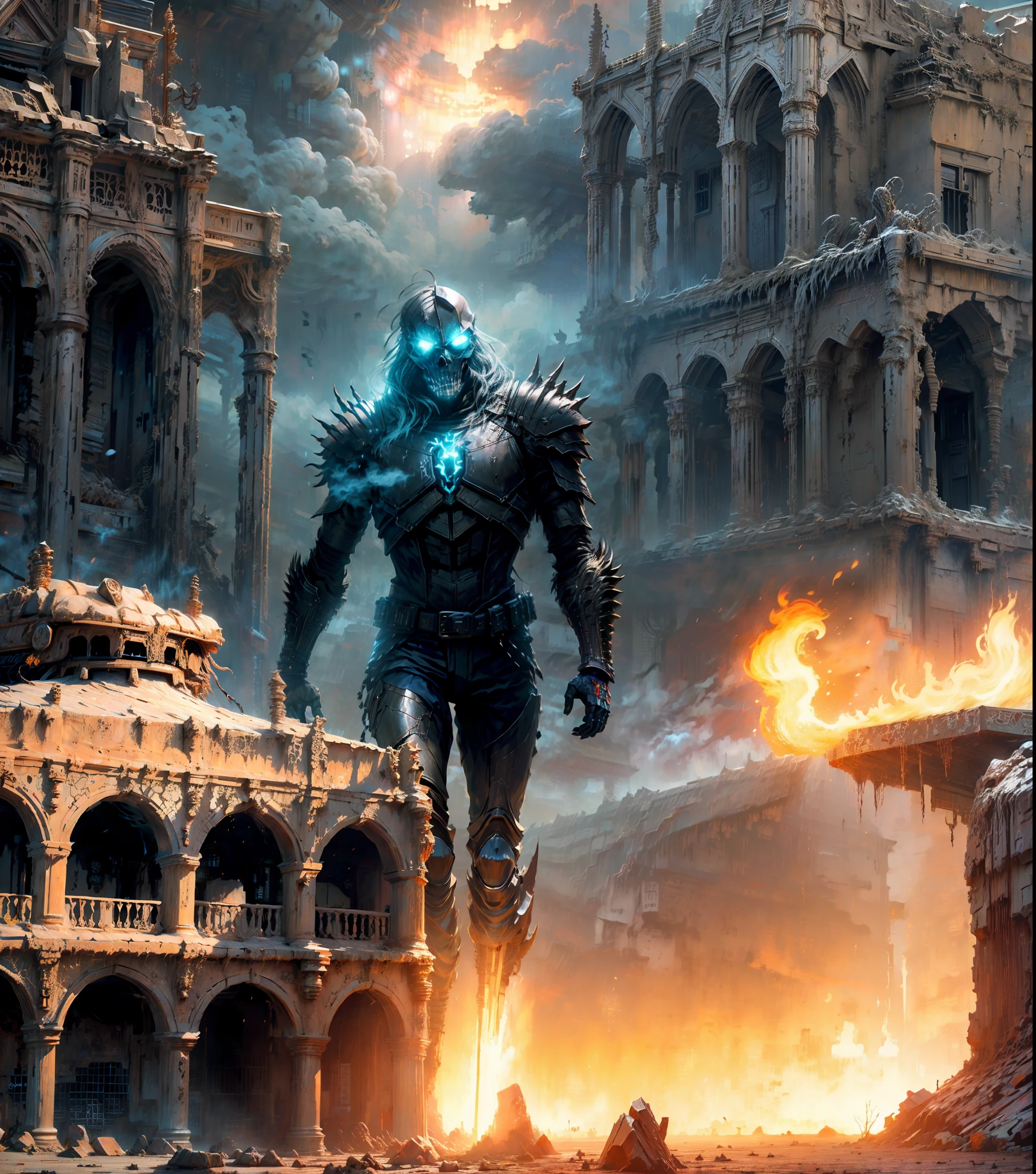 Fantasy realism, apocalyptic ghost rider in a desert ruin, photoshot from below, metal skull, cyber plate armor, (dark atmosphere:1.2), (fog & smoke), (dark night:1.3), scars, (dark medium length disheveled hair:1.1), (eyeshadow:1.1), (beautifully detailed glow:1.2), (Cinematic lighting), intricate detail, highres, sharp focus, smooth, aesthetic, detailed bright desert background,