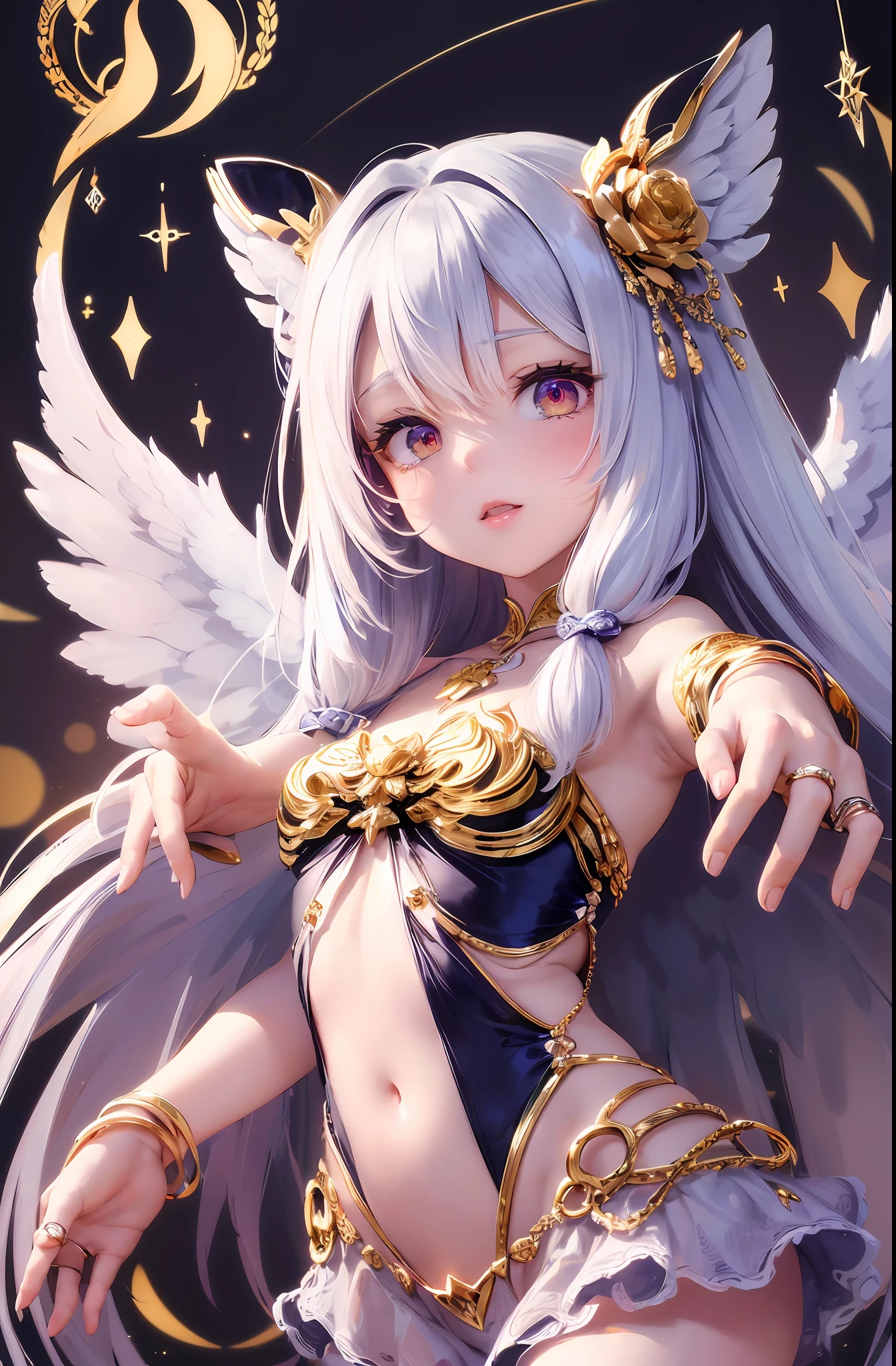 (Chibi: 1.3), (Masterpiece: 1.4), (Best Quality: 1.4), (Very cute angel girl, super detailed face, jewel-like eyes, white very long hair, colorful gradient hair: 1.4), (Angel Ring:
1.4), (Angel Wings: 1.4), (Full body, perfect 2 arms, perfect 2 legs: 1.4), (Perfect 4 fingers: 1 thumb), light, shine, bokeh, super fine