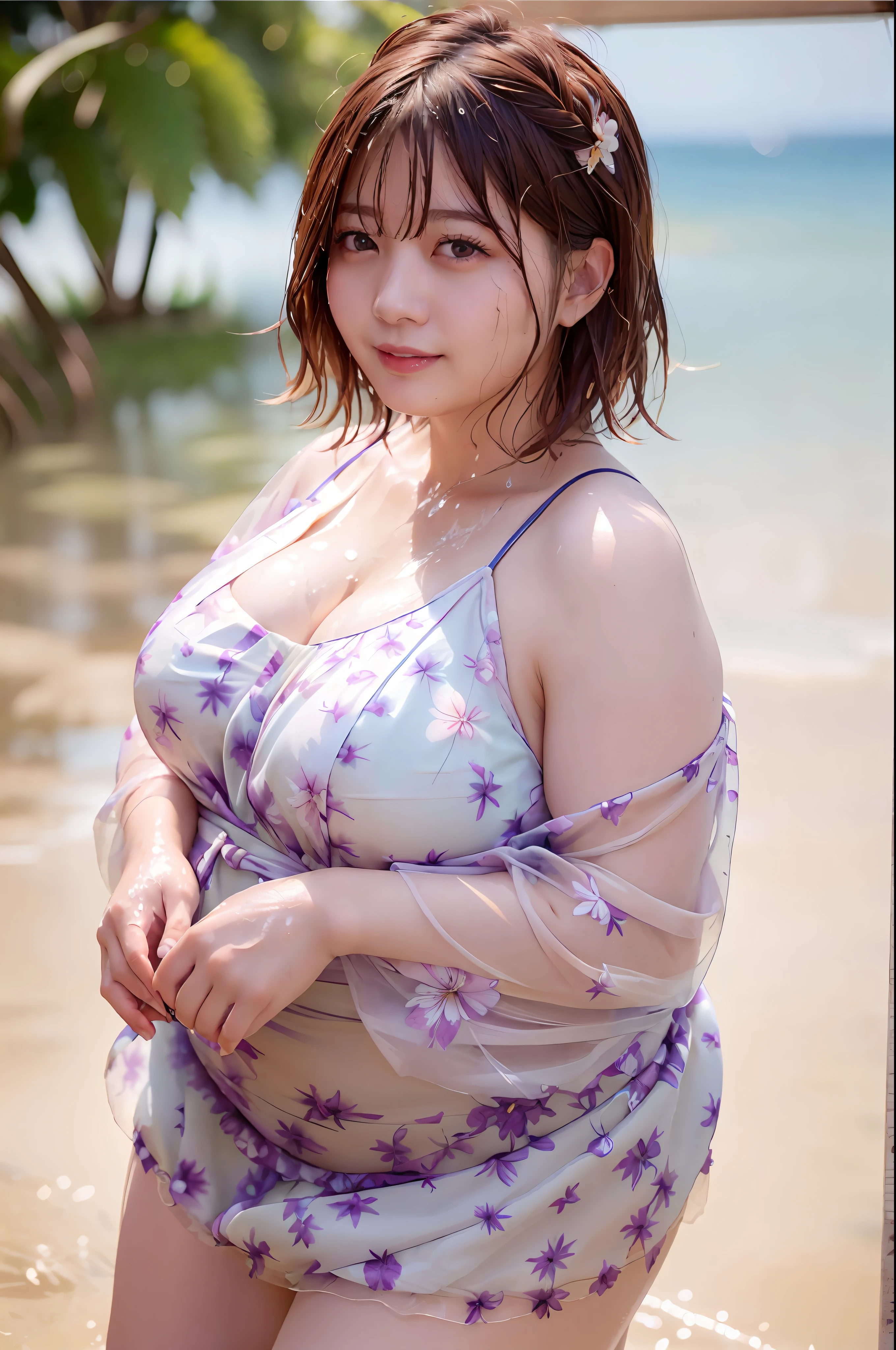(skin spots:1.2), (skin dents), black eyes, 1 mature woman, male 25 years old, (((female)))), Solo,Realistic, Best quality, Photorealistic, Masterpee, 8k, Hi-Res, Solo, Very detailed face, (Professional lighting, Bokeh), (Lens flare, Luminescent particles: 0.6), (Dynamic Pose: 1.9), Soft, fashionable and trendy atmosphere, Japan, street, urban, tokyo, port, ((daytime)), sky, ((view viewer:1)), (look at camera),(portrait:0
.6), luxury, keeping the original facial proportions, broad shoulders, whole body, ((((plump body)))), (drooping breasts), (Huge breasts)), (Plump breasts that are about to spill out)))), (Protruding plump breasts)), (dense fleshy breasts))), (short hair), brown hair, floating hair, lips, lipstick, seductive smile, floating hair, braided hair, ((((wet hair)))), smile, open_ gura, dentition, (((((wet and sheer floral summer dress))),nsfw,((top quality, 8k, masterpiece: 1.3)))), ((lower breasts)), eyelashes, kuroko, (moles under the eyes: 1), ((thighs)), ((big breasts tucked between both arms)), (wistful expression)),