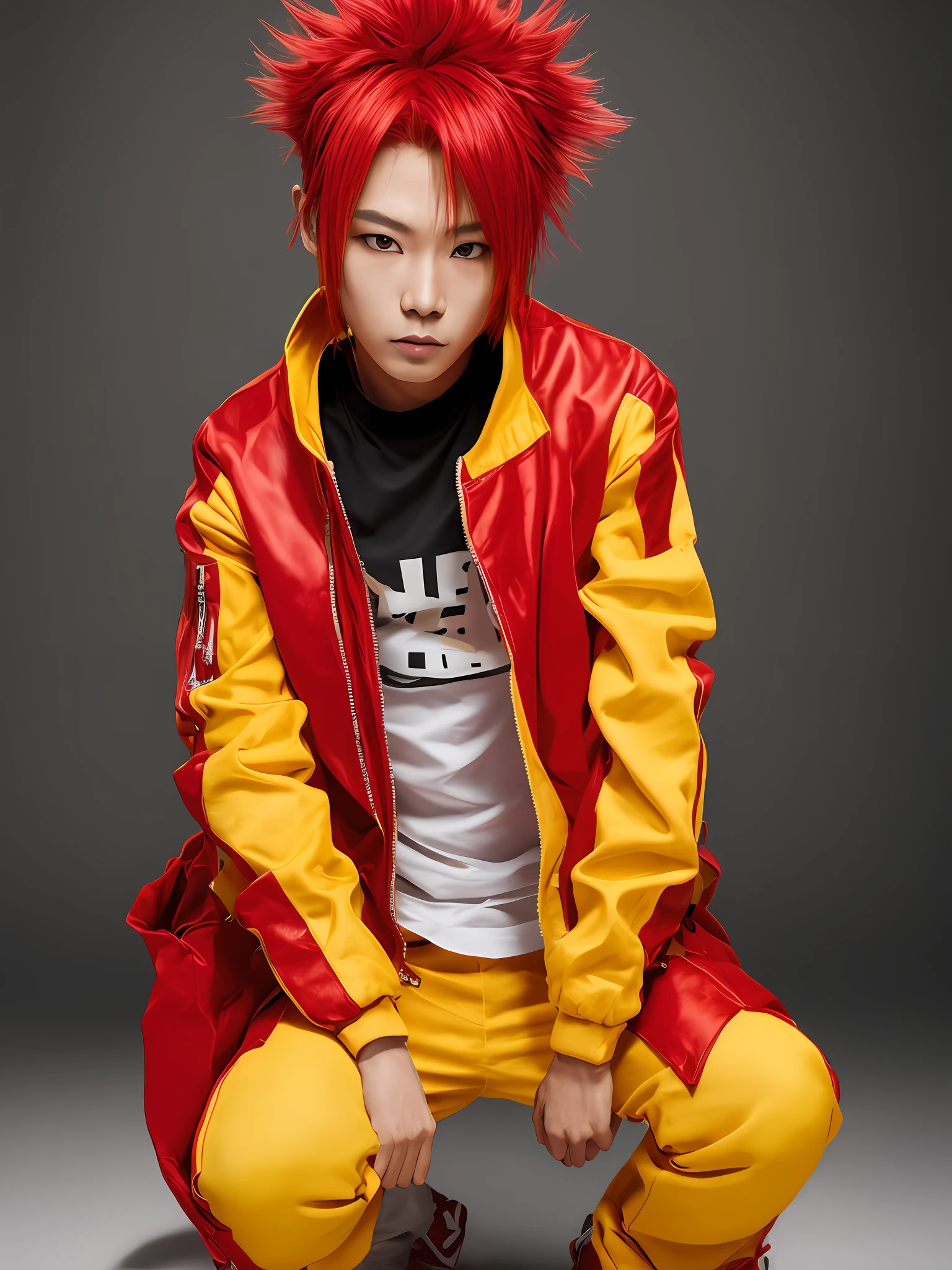 (masterpiece), Hideto_Matsumoto, solo, 1boy, male_focus, multicolored hair, red hair, squatting, looking at viewer, simple background, white background, full body, long sleeves, lips, pink hair, gloves, brown eyes, yellow bodysuit, short hair, yellow pants, closed mouth, boots, jacket, spiked hair, yellow jacket, pants, male focus, shoes, red footwear, 1boy