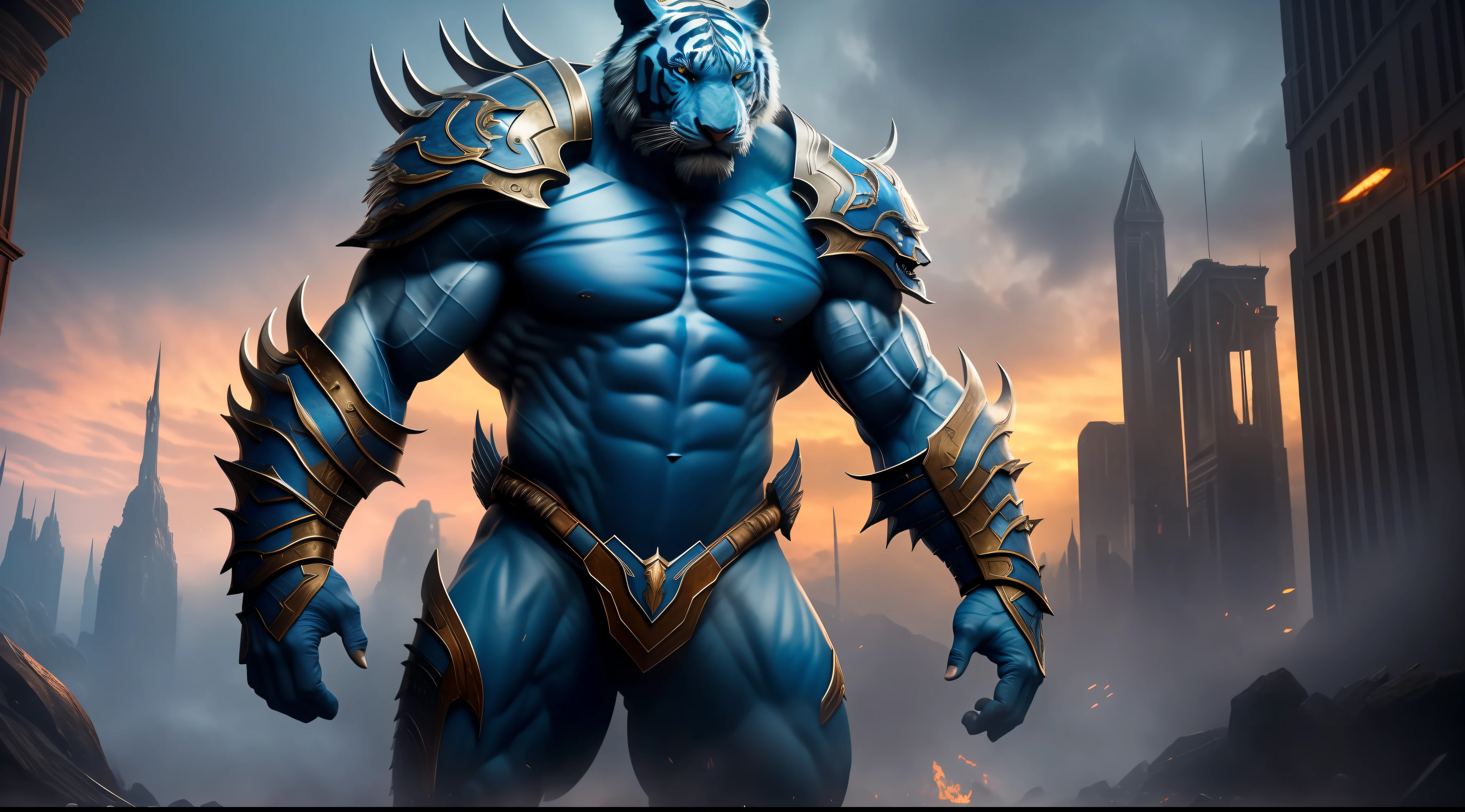 The description is of a muscular blue man with a tiger head, image of the man in 3d, depicted hyper-realistically in a full-body image. He is wearing an imposing red dragon armor. The surrounding scenery is war, creating an intense and dramatic atmosphere., high detail, speed lines, 360 view, cinematic lighting, Surrealism, Futurism, Ultra-Wide Angle, 8k, UHD, retina, anatomically correct, high quality, award winning, highres, 16k, 8k, UHD, retina, anatomically correct, high quality, award winning, highres