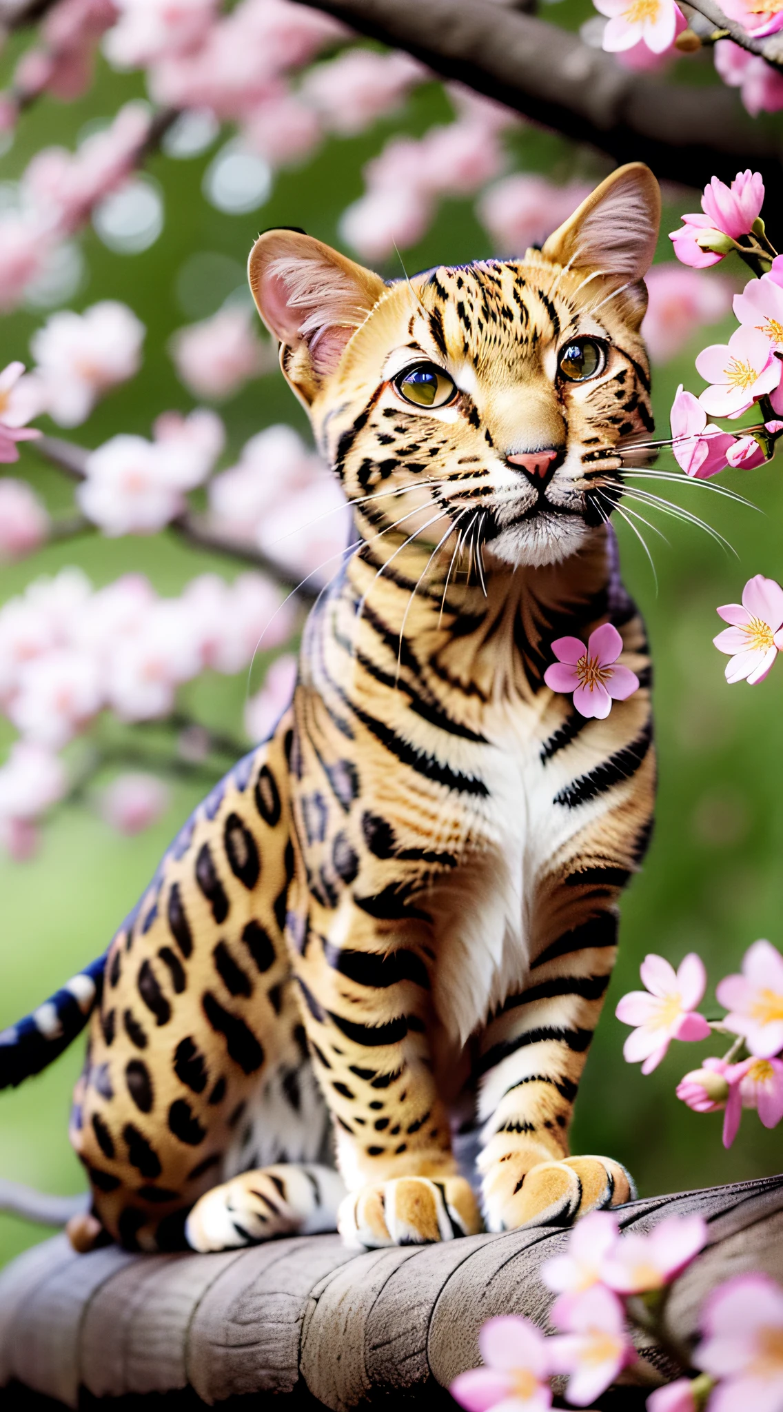 A bright golden Bengal cat is racing up a cherry blossom tree. Its leopard-like spots reflect the spring sun while harmonizing with the pink petals.