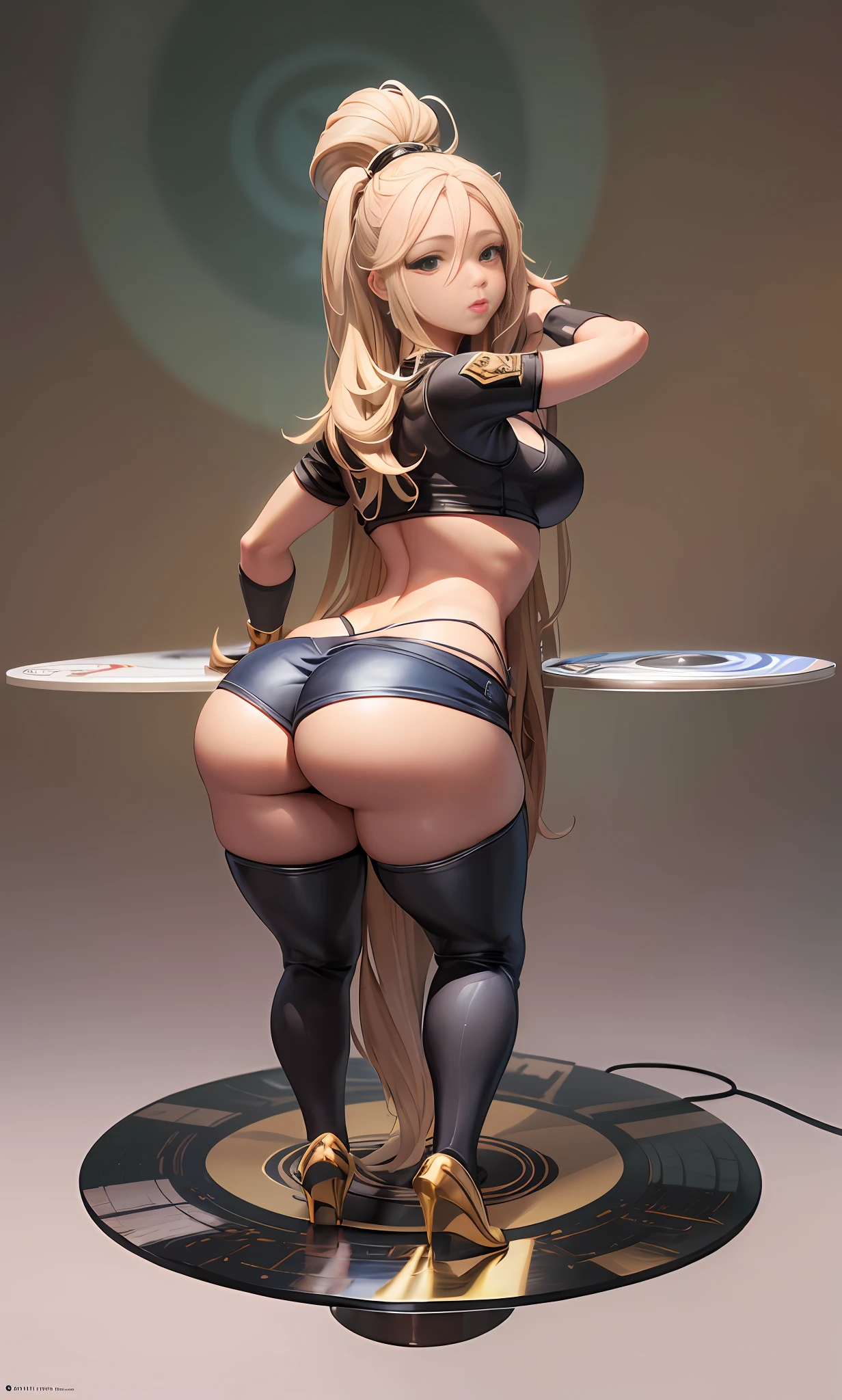 Shakira, back showing her ass, in low pants, full body in high definition with a vinyl record for the footrest in an excellent evolution 8k (( Miniature toy for the collection --aut --auto --s2