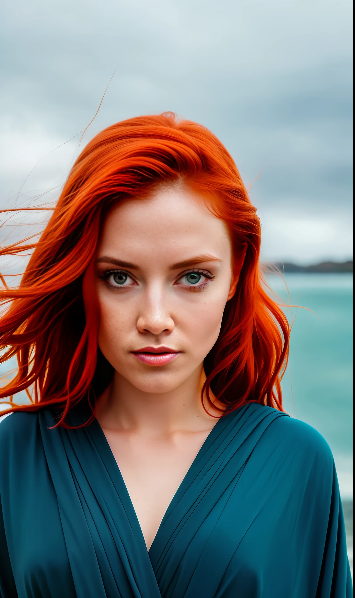 Jedi woman, red hair, blue eyes, full body, highly detailed skin, skin pores, coastline, cloudy weather, wind, waves, 8k uhd, Dslr, soft lighting, high quality, film grain, Fujifilm XT3