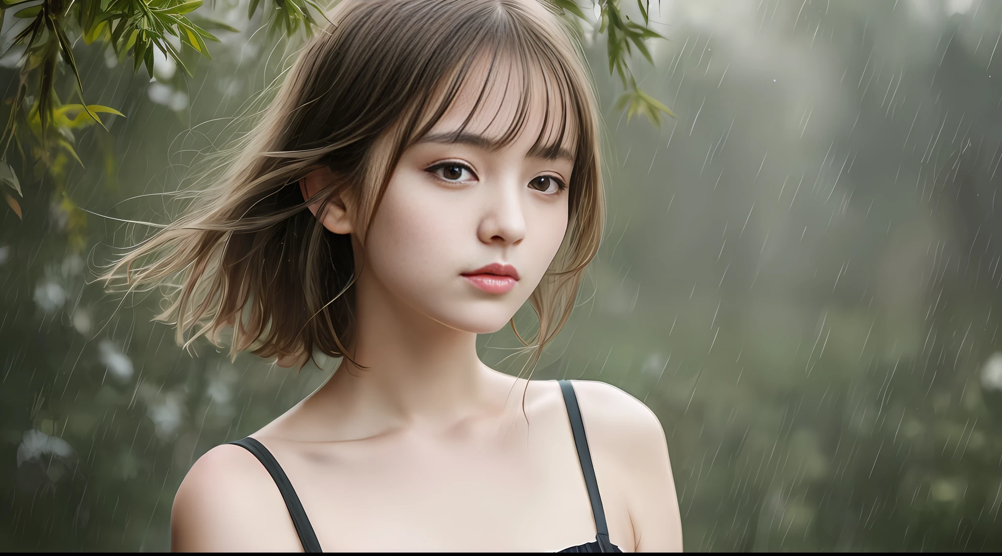 Stunning close-up portrait of a young and beautiful woman with RAW, analog style and impressive features. She should have long, flowing hair, a seductive gaze, and an attractive look. The background is neutral and simple, allowing the woman to be the focal point of the image. Pay attention to details, such as highlights and shadows on her face and hair, to create realistic and realistic images. Experiment with different lighting techniques to enhance the mood and atmosphere of your portrait. The final product should be a masterpiece that captures the essence and beauty of women ((Highly detailed skin, skin details)), Sharp Focus, Volumetric Fog, 8K, UHD, DSLR, High Quality, Film Grain, Fujifilm XT3, Camisole Dress, Hemp Dress, Floret Dress, Short Hair Hair, Disheveled Hair, Rainy Summer Festival, Wind Chimes, Rain, Green, Forest, Wind, Big