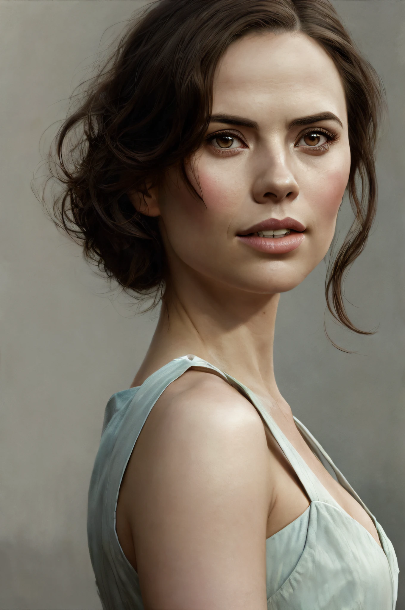 (Thirty year old) woman, wearing a (long red dress), beautiful legs, dreamy photo, dramatic pose, looking directly at camera, intense stare, slight smile, soft expression, flirty, beautiful landscape, misty, Canon, (Detailed features::1.2), real life. Hayley Atwell, intricate, 8k, highly detailed, (extremely detailed CG unity 8k wallpaper), ((square jaw)), (well defined jaw), (downturned lips), (detailed anatomy), Hyperrealistic full shot body image, trending on CGSociety, Intricate, High Detail, Sharp focus, dramatic, volumetric lighting, digital painting, intense, modelshoot style, (extremely detailed CG unity 8k wallpaper), full shot body photo of the most beautiful artwork in the world, pearl skin, professional majestic oil painting by Ed Blinkey, Atey Ghailan, Studio Ghibli, by Jeremy Mann, Greg Manchess, Antonio Moro, trending on ArtStation, photorealistic painting art by midjourney and greg Rutkowski