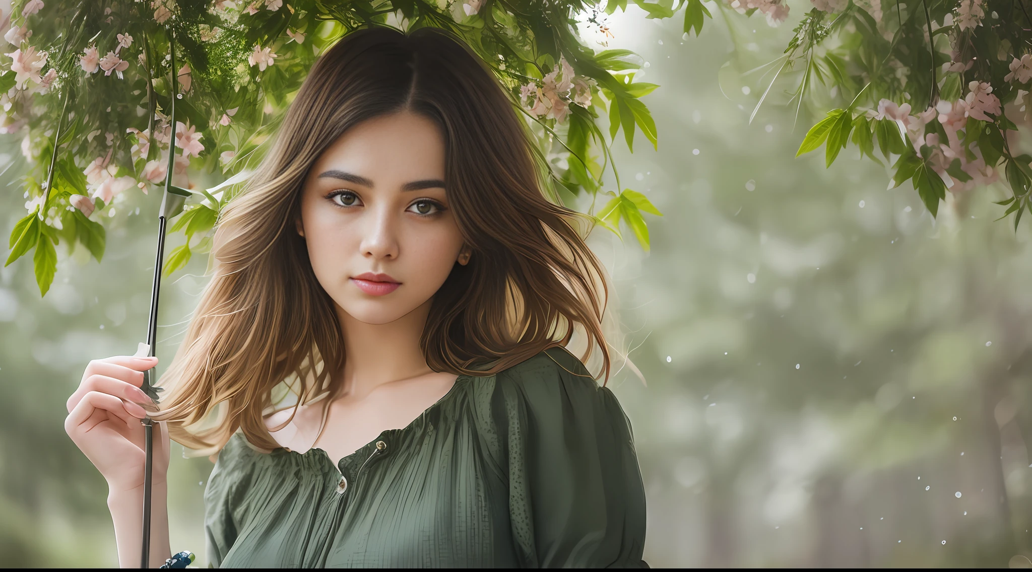 Stunning close-up portrait of a young and beautiful woman with RAW, analog style and impressive features. She should have long, flowing hair, a seductive gaze, and an attractive look. The background is neutral and simple, allowing the woman to be the focal point of the image. Pay attention to details, such as highlights and shadows on her face and hair, to create realistic and realistic images. Experiment with different lighting techniques to enhance the mood and atmosphere of your portrait. The final product should be a masterpiece that captures the essence and beauty of women ((Highly detailed skin, skin details)), Sharp Focus, Volumetric Fog, 8K, UHD, DSLR, High Quality, Film Grain, Fujifilm XT3, Camisole Dress, Hemp Dress, Floret Dress, Short Hair Hair, Disheveled Hair, Rainy Summer Festival, Wind Chimes, Rain, Green, Forest, Wind, Big