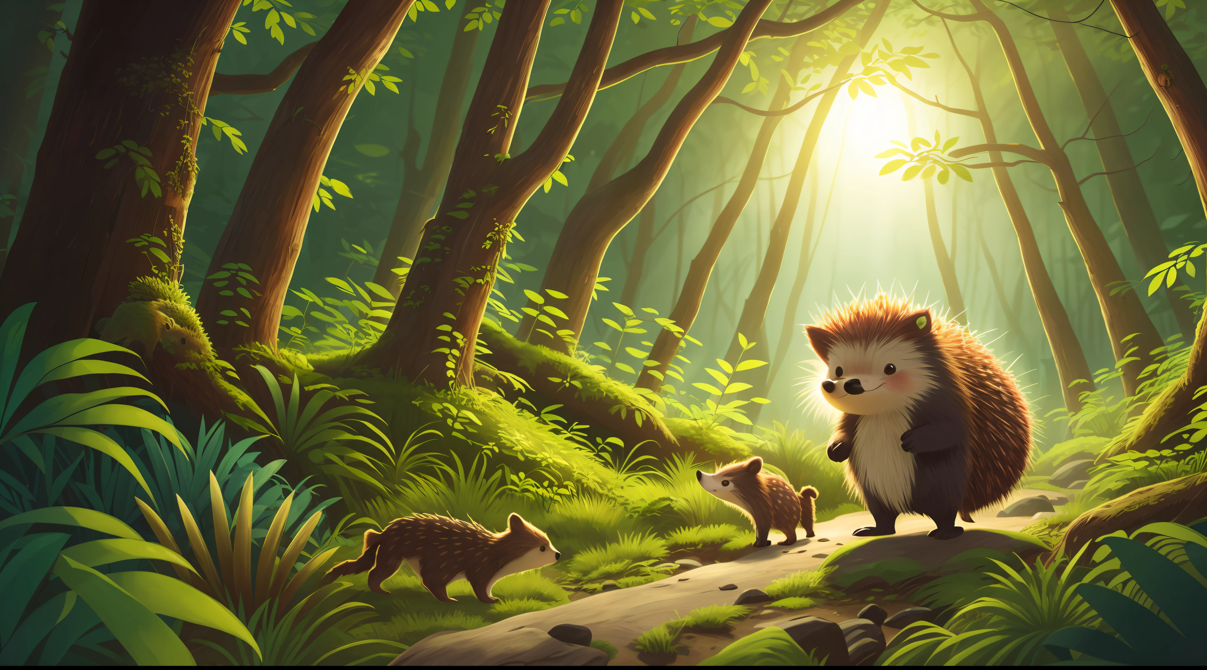 Two Porcupines walking through a forest at dawn, child, Intertidal Zone
