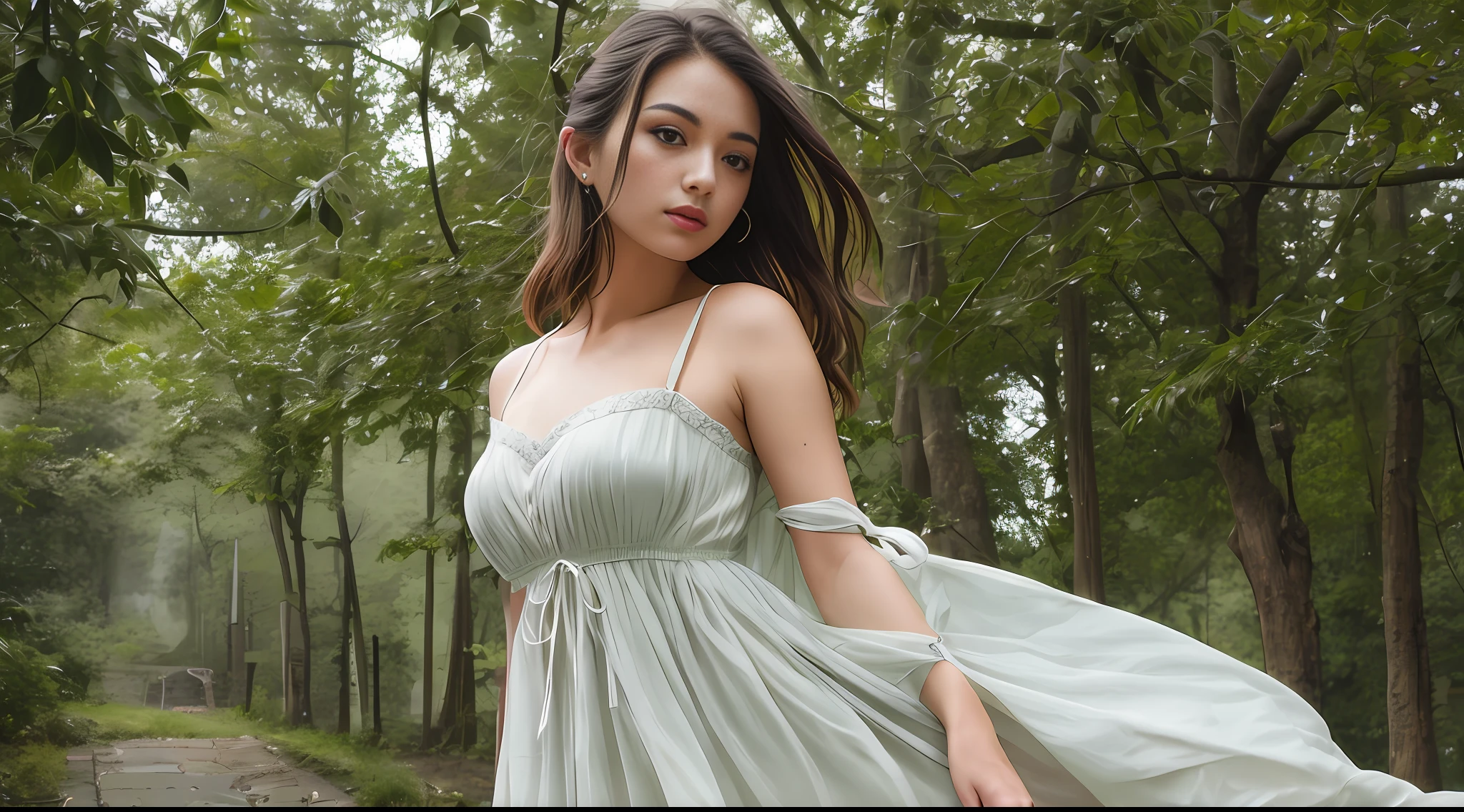 Stunning close-up portrait of a young and beautiful woman with RAW, analog style and impressive features. She should have long, flowing hair, a seductive gaze, and an attractive look. The background is neutral and simple, allowing the woman to be the focal point of the image. Pay attention to details, such as highlights and shadows on her face and hair, to create realistic and realistic images. Experiment with different lighting techniques to enhance the mood and atmosphere of your portrait. The final product should be a masterpiece that captures the essence and beauty of women ((Highly detailed skin, skin details)), Sharp Focus, Volumetric Fog, 8K, UHD, DSLR, High Quality, Film Grain, Fujifilm XT3, Camisole Dress, Hemp Dress, Floret Dress, Short Hair Hair, Disheveled Hair, Rainy Summer Festival, Wind Chimes, Rain, Green, Forest, Wind, Big