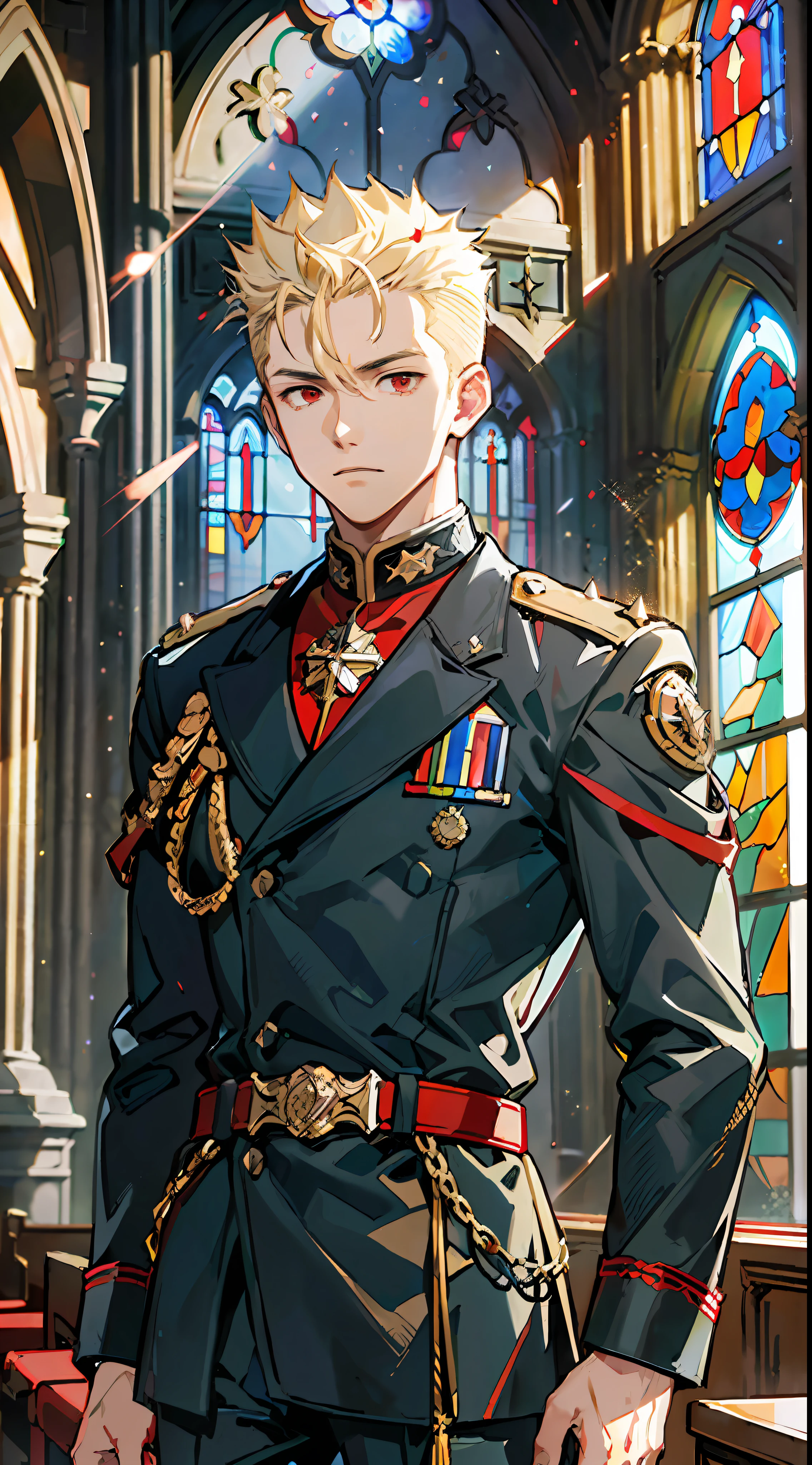 ((Masterpiece: 1.4, Best Quality)), (Short Blonde), (Spiked Hair), Red Eyes, Military Uniform, (Church: 1.2), (Stained Glass: 1.3), One Young Man, Handsome, Pillar, Sky Cover, (Light particles), (Moonlight shining through the window), contrapposto