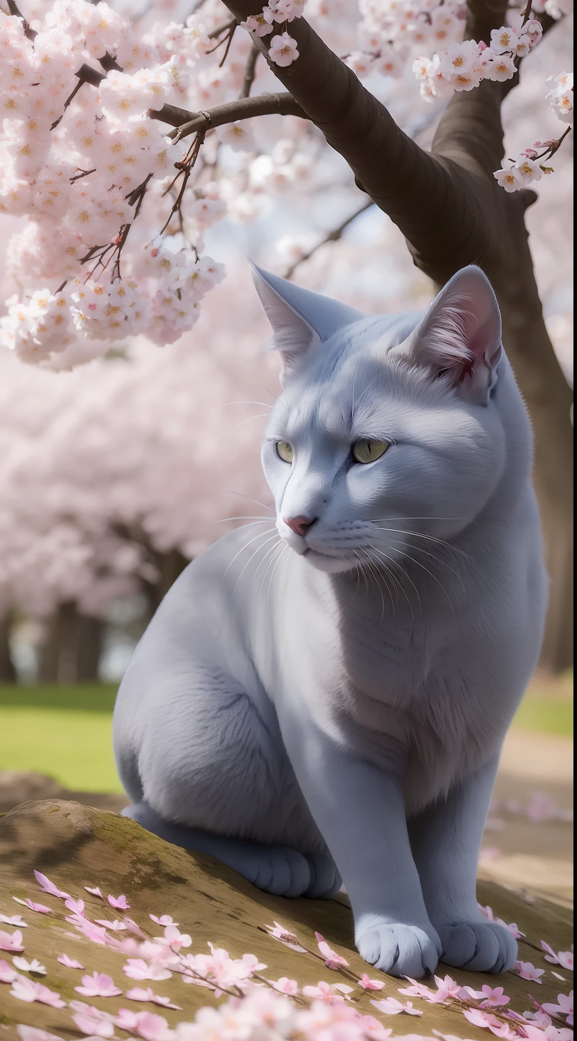 A Russian Blue with smoky blue fur is sleeping under a cherry blossom tree, basking in the dazzling spring sunshine. Its quiet demeanor captures the serene afternoon of spring."