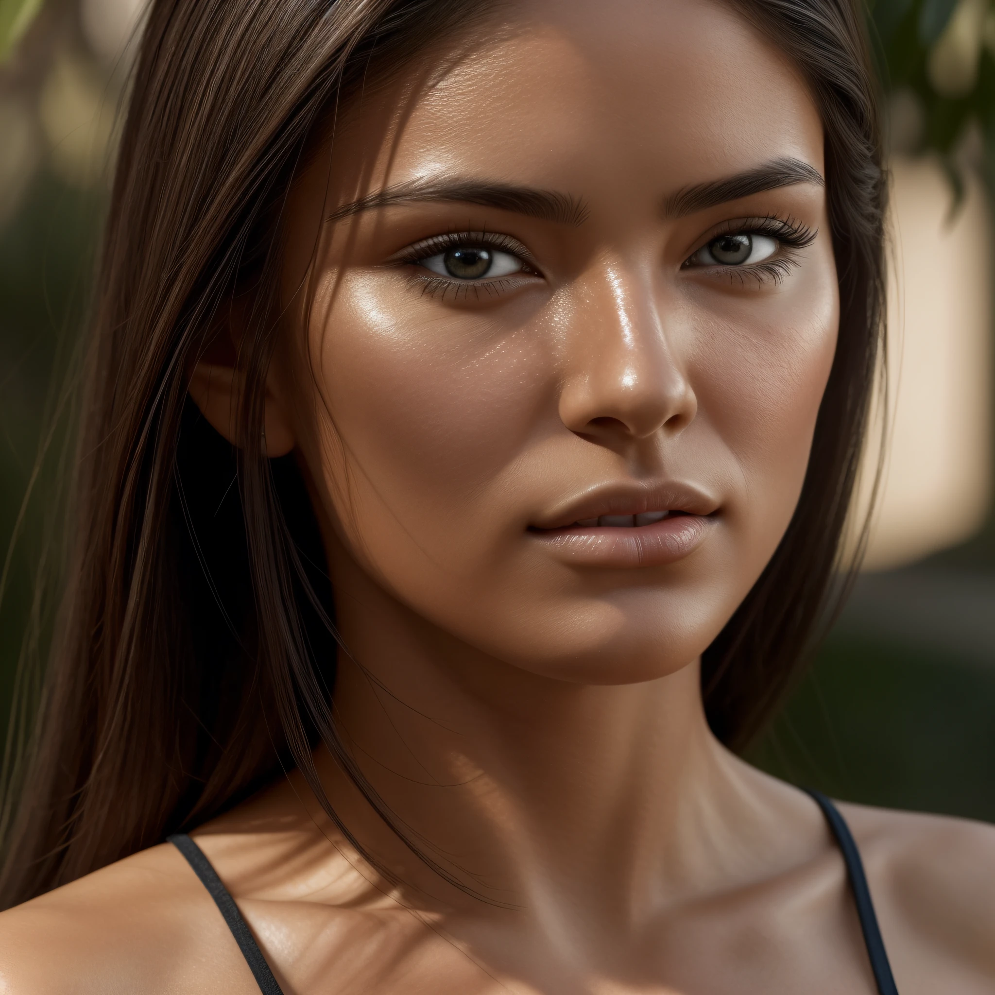 It depicts a real, hyper-realistic woman with a captivating presence and extraordinary beauty. Every detail of its appearance is carefully reproduced, resulting in a visually striking representation. The woman is a perfect combination of realistic features and stylized elements, creating a figure that seems to jump off the screen. Your face is meticulously shaped, capturing skin texture, subtle pores, light wrinkles, and small imperfections that lend an authentic touch to your appearance. The eyes convey a mesmerizing depth, with bright reflections and irises that seem to come to life. The lips have a realistic texture, standing out for the subtle shine and the minute details. Each strand of hair is rendered individually, allowing the visualization of the distinct strands and the reflections of light that pass through the locks. The woman's skin has a tactile quality, with nuances of color, shadows and an impressive softness. His facial expression is rich in emotion and realism, conveying a range of subtle and complex sensations. The gardener she wears is represented with incredible precision, from the texture of the fabric to the small details of the buttons and seams. The lighting of the scene surrounds it in a natural and realistic way, creating soft shadows and highlights that highlight its beauty. This hyper-realistic woman looks ready to step off the screen and captivate the viewer with her presence and authenticity.